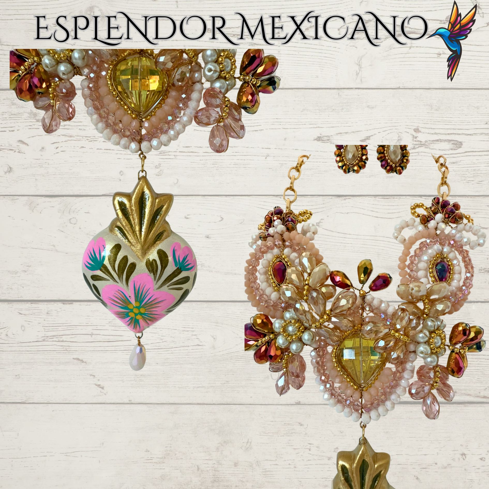 💐 Nude & Golden Floral Necklace Set – Handmade in Mexico