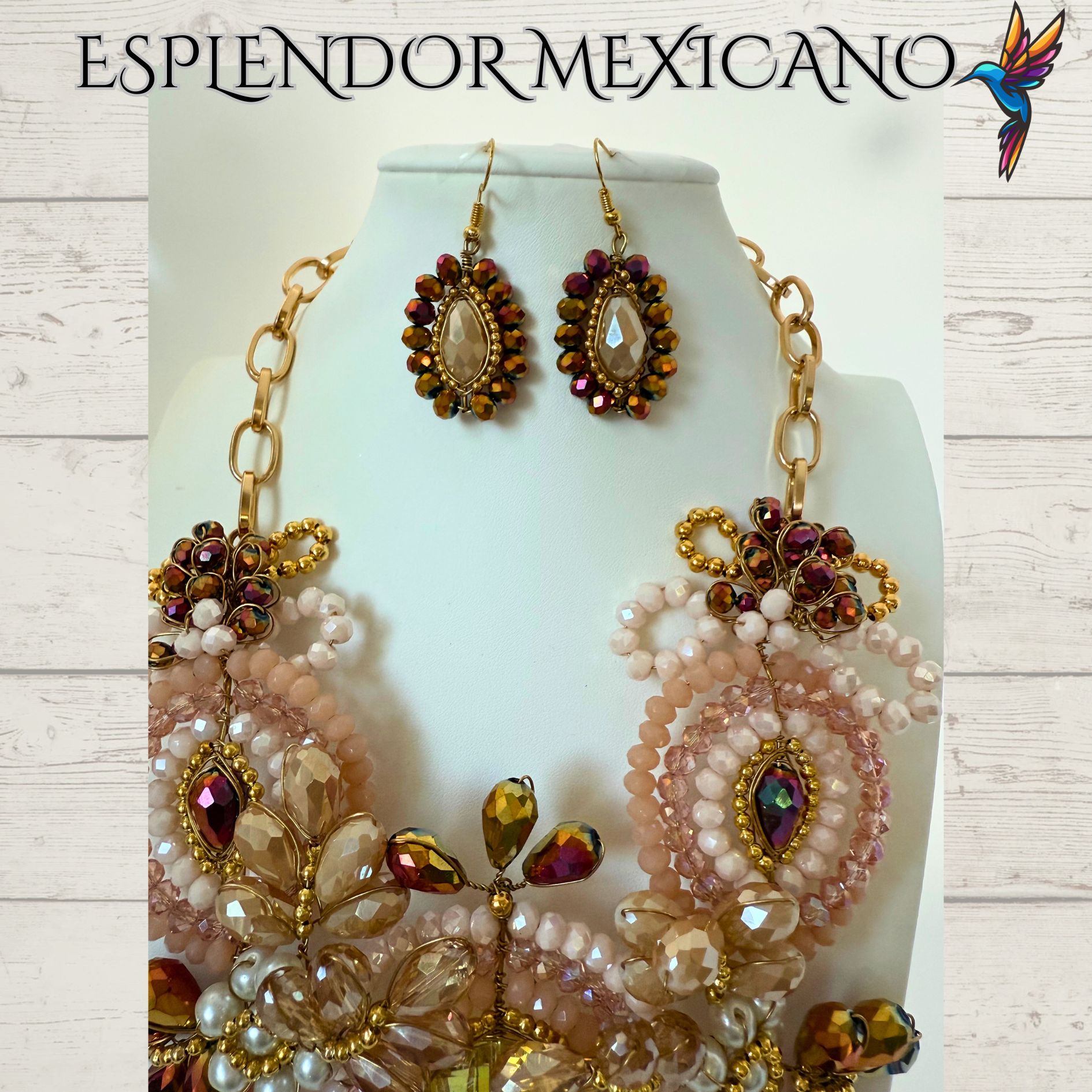 💐 Nude & Golden Floral Necklace Set – Handmade in Mexico