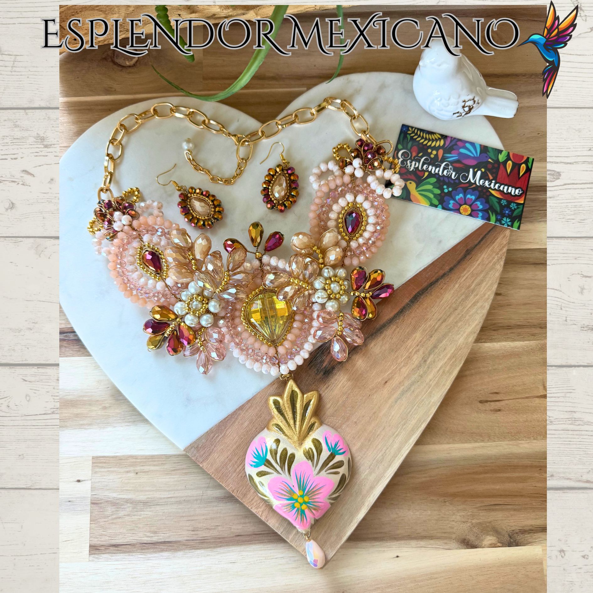 💐 Nude & Golden Floral Necklace Set – Handmade in Mexico