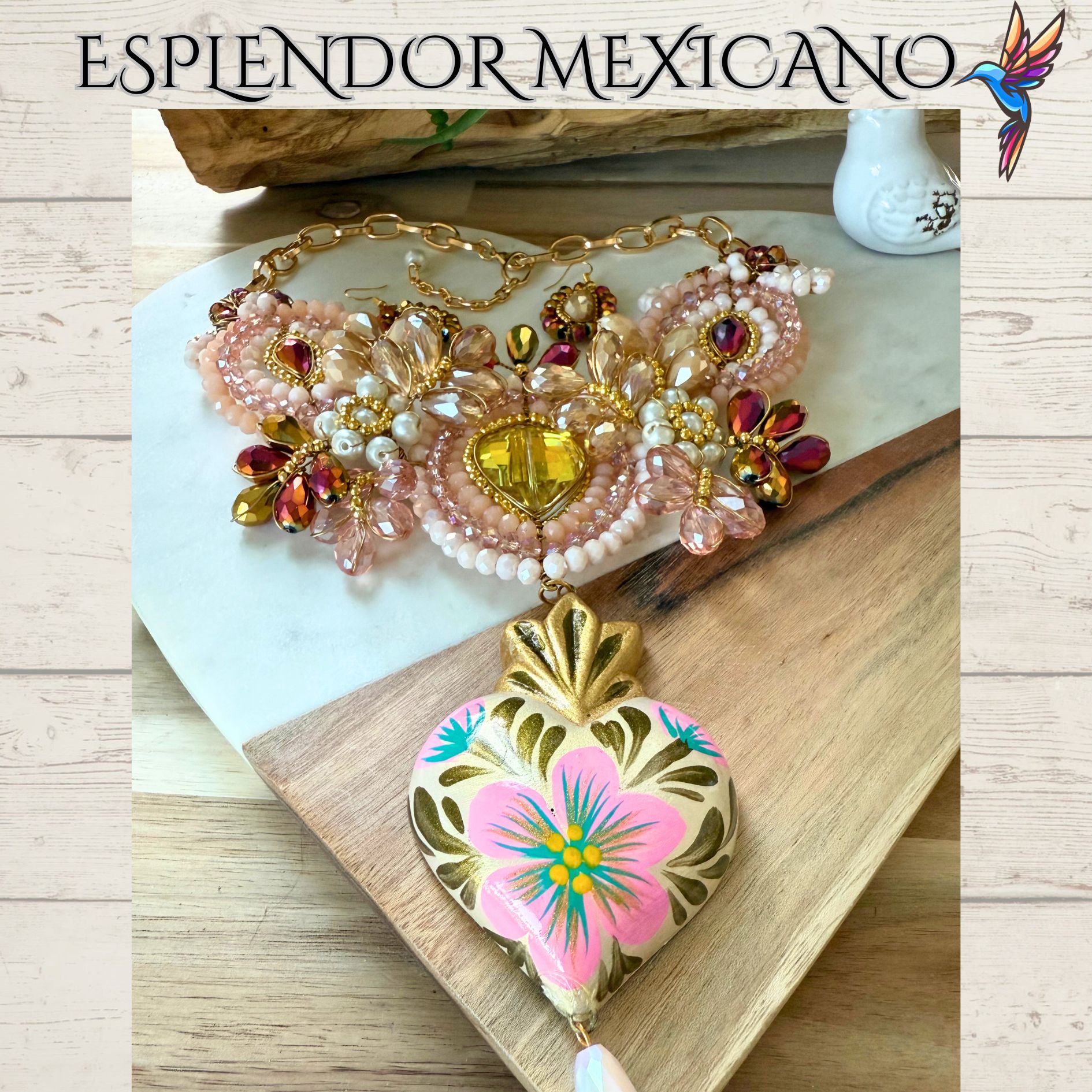 💐 Nude & Golden Floral Necklace Set – Handmade in Mexico
