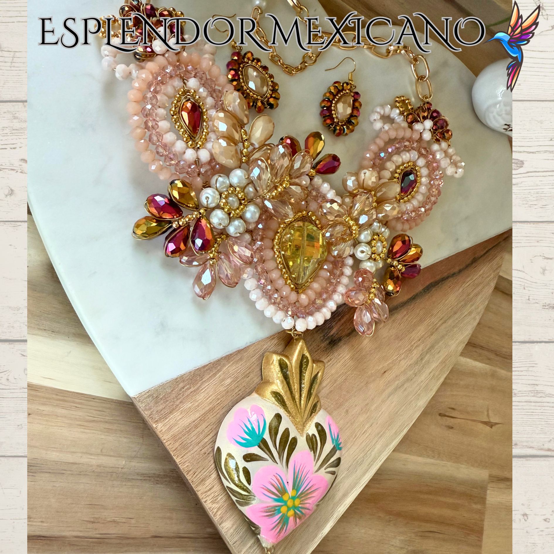 💐 Nude & Golden Floral Necklace Set – Handmade in Mexico