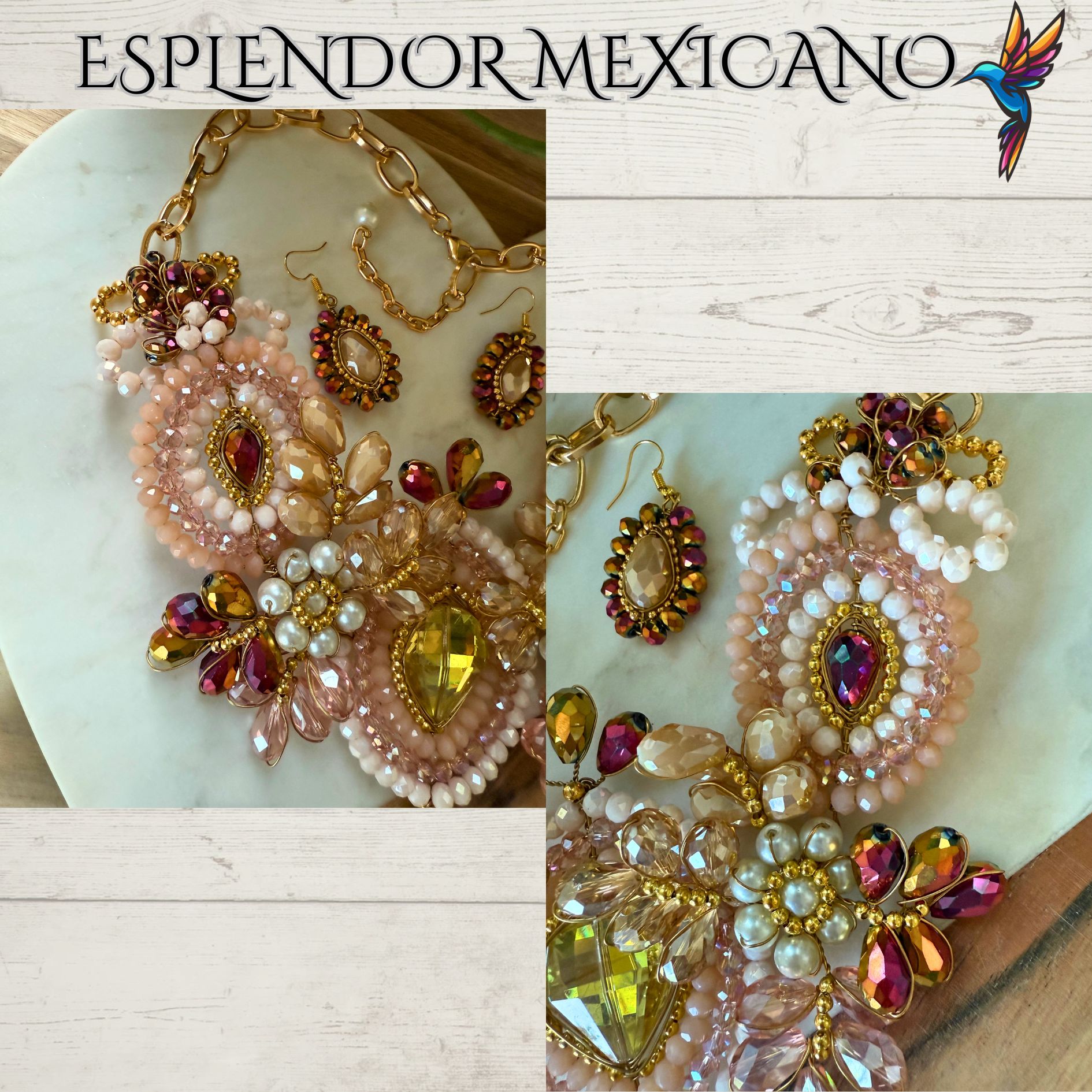 💐 Nude & Golden Floral Necklace Set – Handmade in Mexico