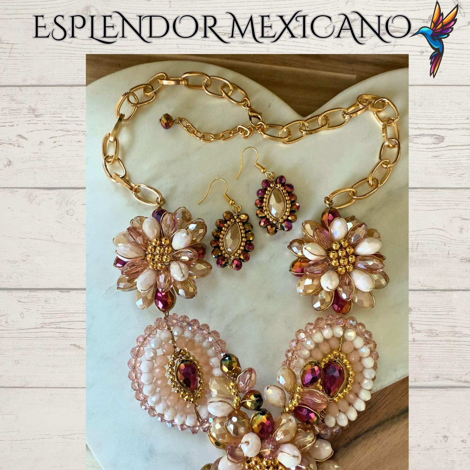 💐 Nude & Golden Floral Necklace Set – Handmade in Mexico