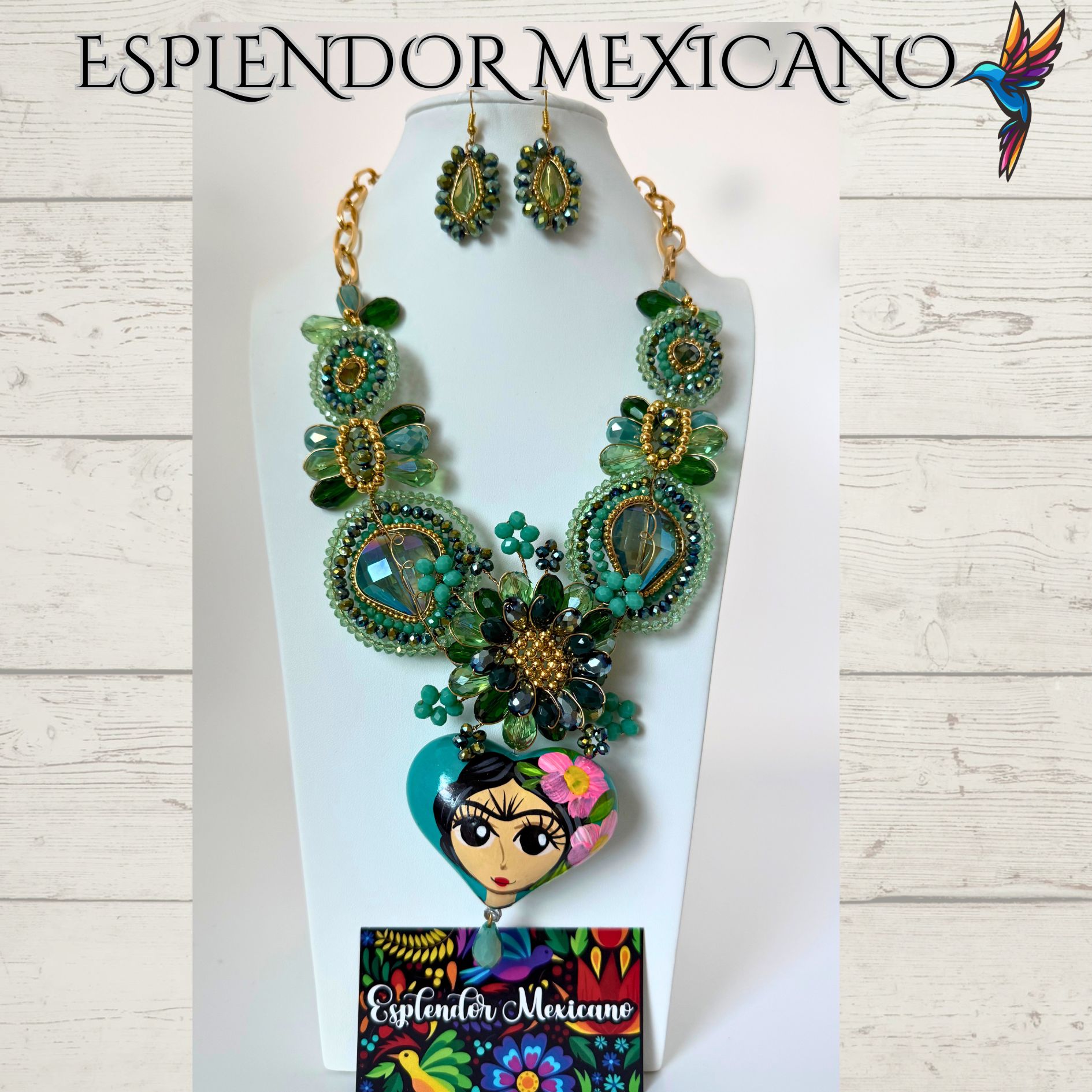 💚💙 Frida Heart Necklace Set – Handmade in Mexico