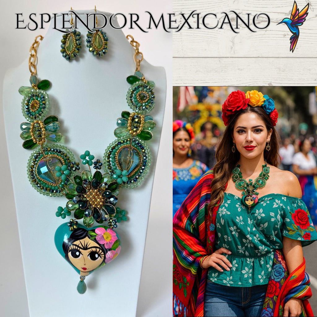 💚💙 Frida Heart Necklace Set – Handmade in Mexico