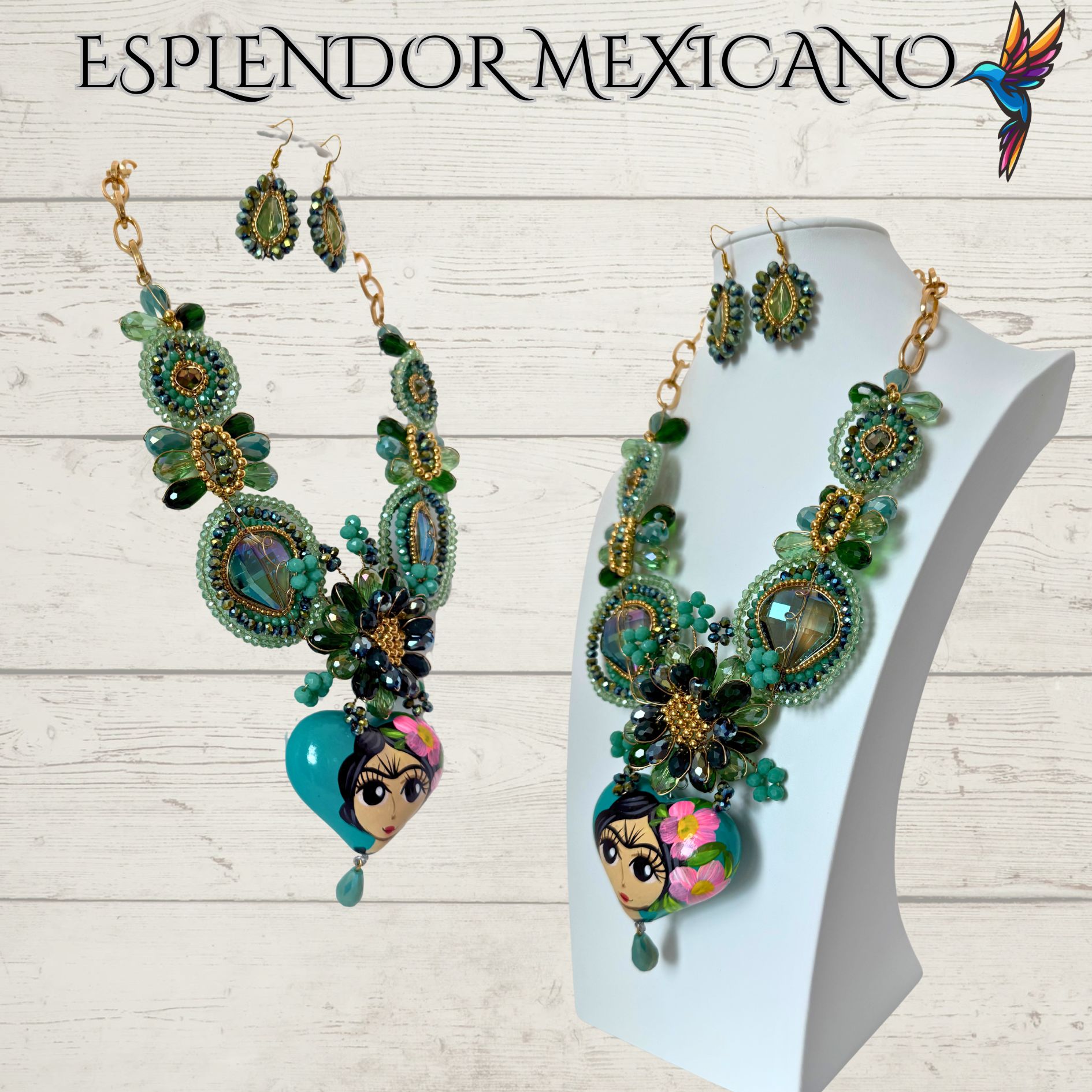 💚💙 Frida Heart Necklace Set – Handmade in Mexico