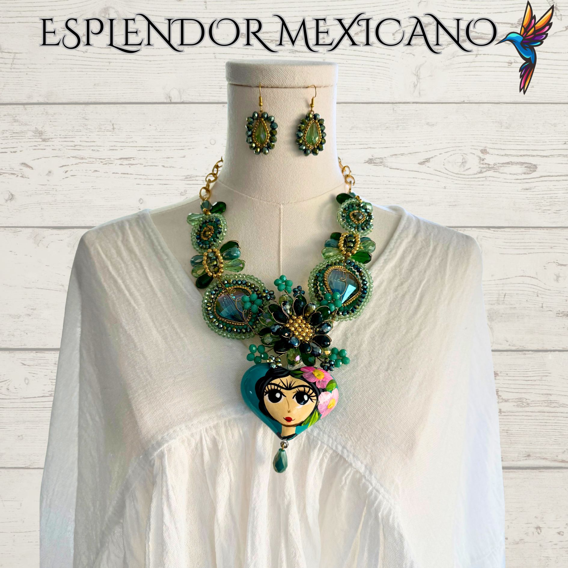 💚💙 Frida Heart Necklace Set – Handmade in Mexico