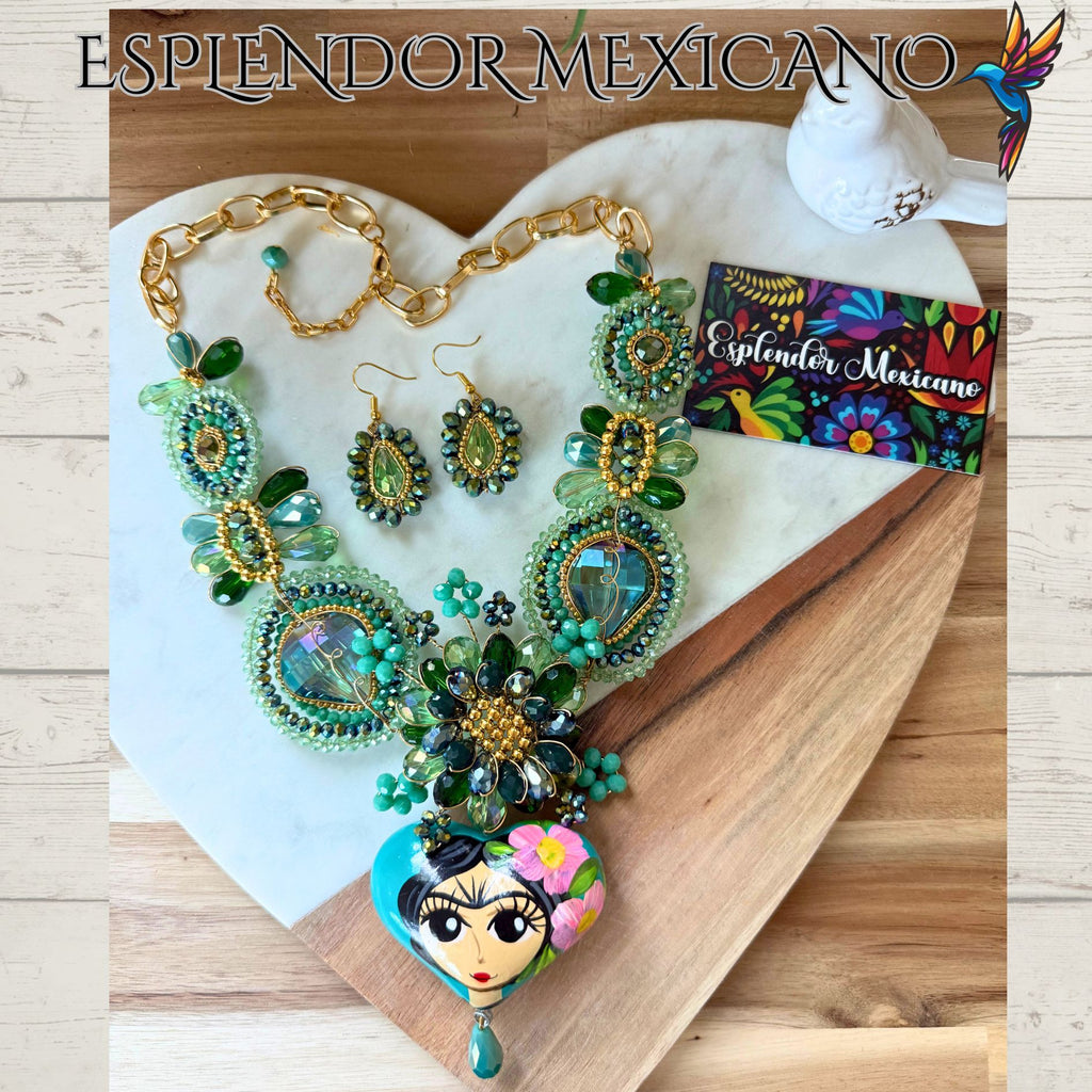 💚💙 Frida Heart Necklace Set – Handmade in Mexico