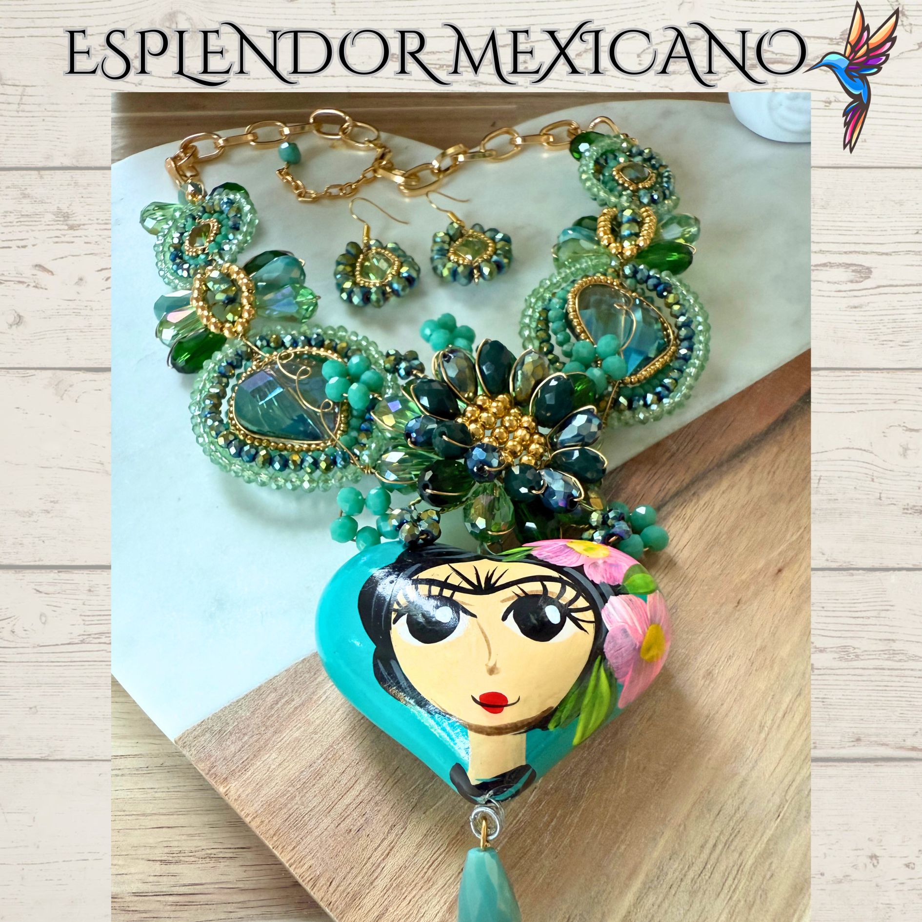 💚💙 Frida Heart Necklace Set – Handmade in Mexico