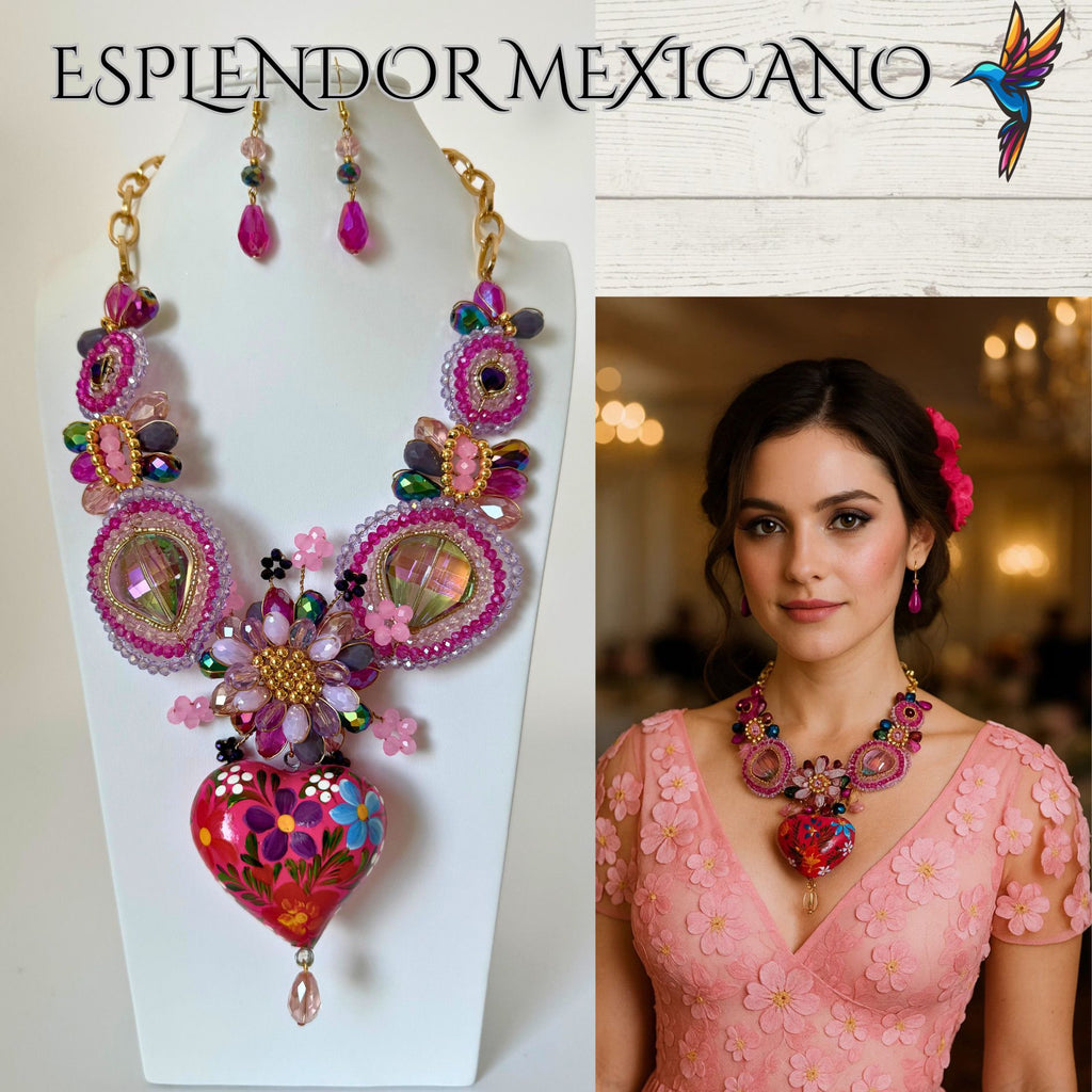 💕💐 Pink Floral Heart Necklace Set – Handmade in Mexico