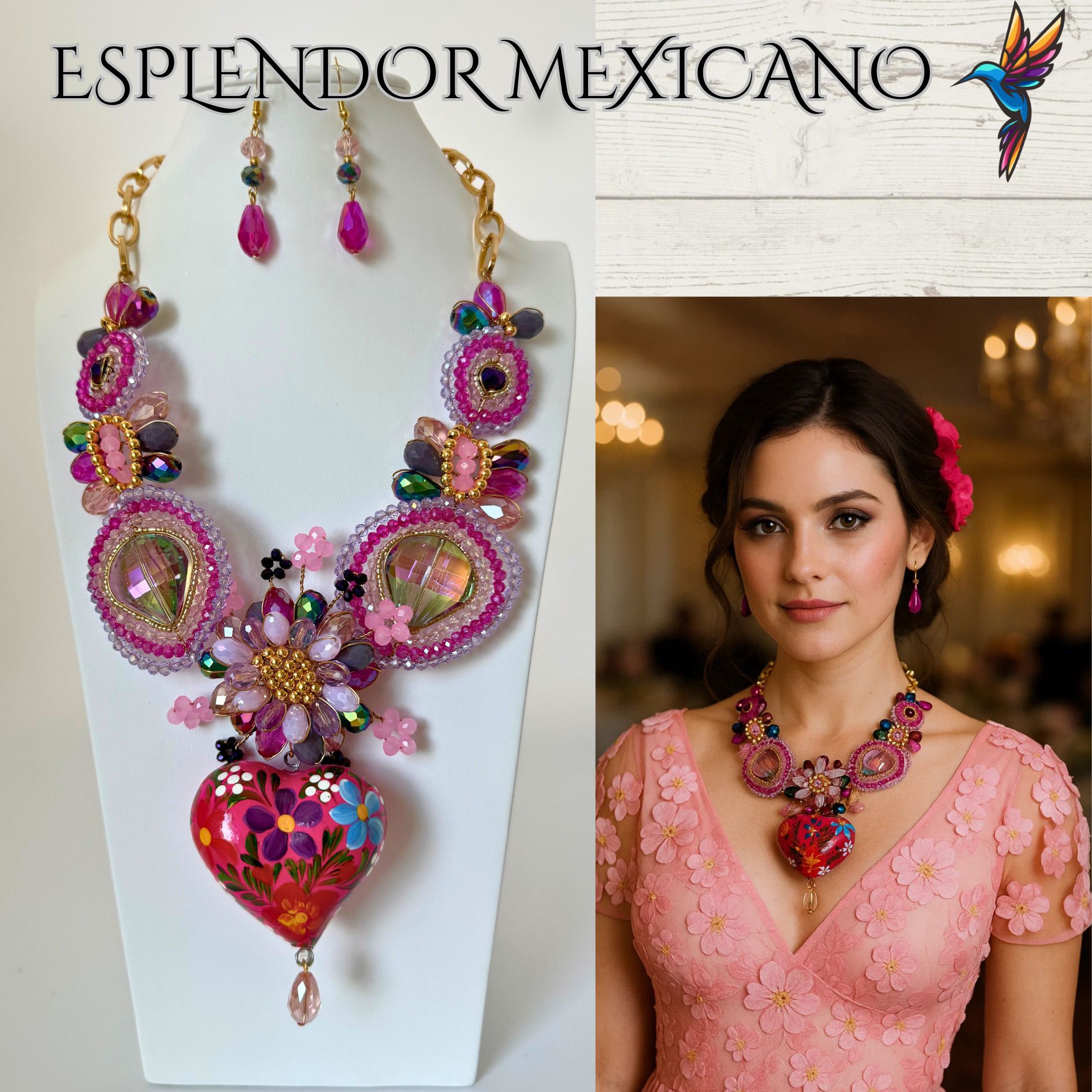 💕💐 Pink Floral Heart Necklace Set – Handmade in Mexico
