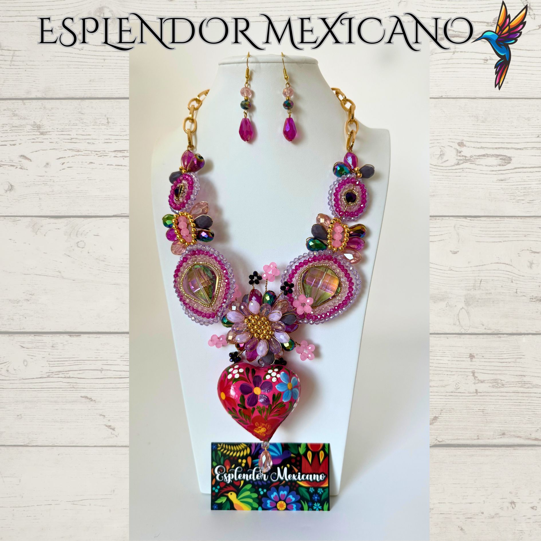 💕💐 Pink Floral Heart Necklace Set – Handmade in Mexico