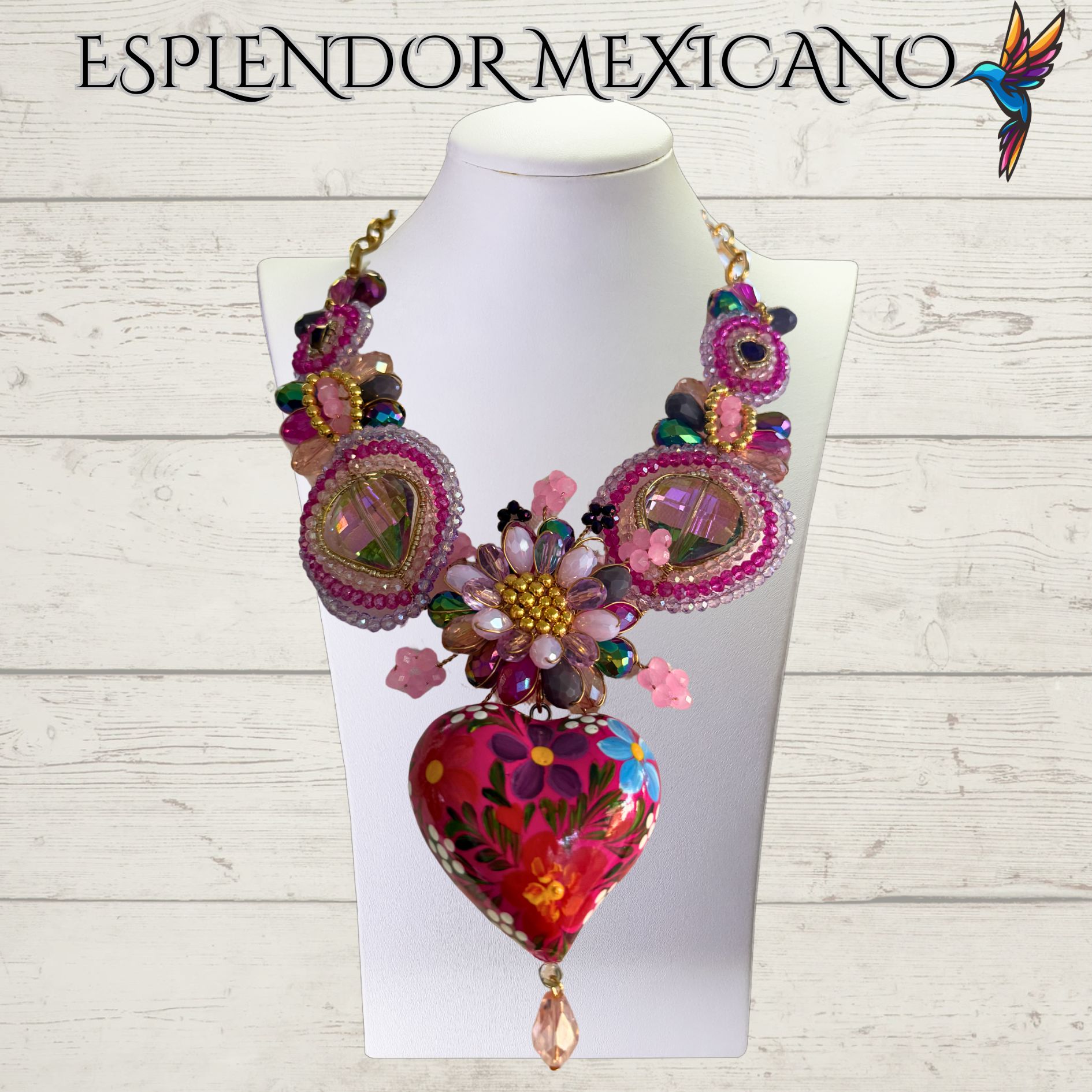 💕💐 Pink Floral Heart Necklace Set – Handmade in Mexico