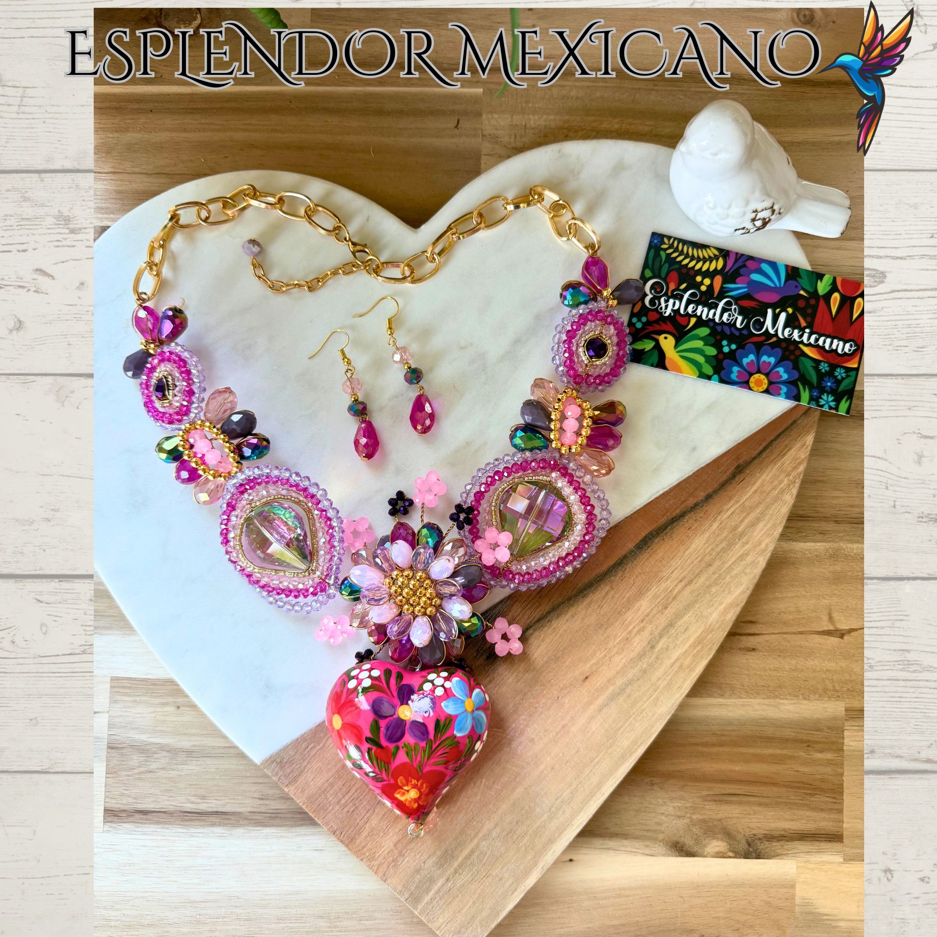 💕💐 Pink Floral Heart Necklace Set – Handmade in Mexico