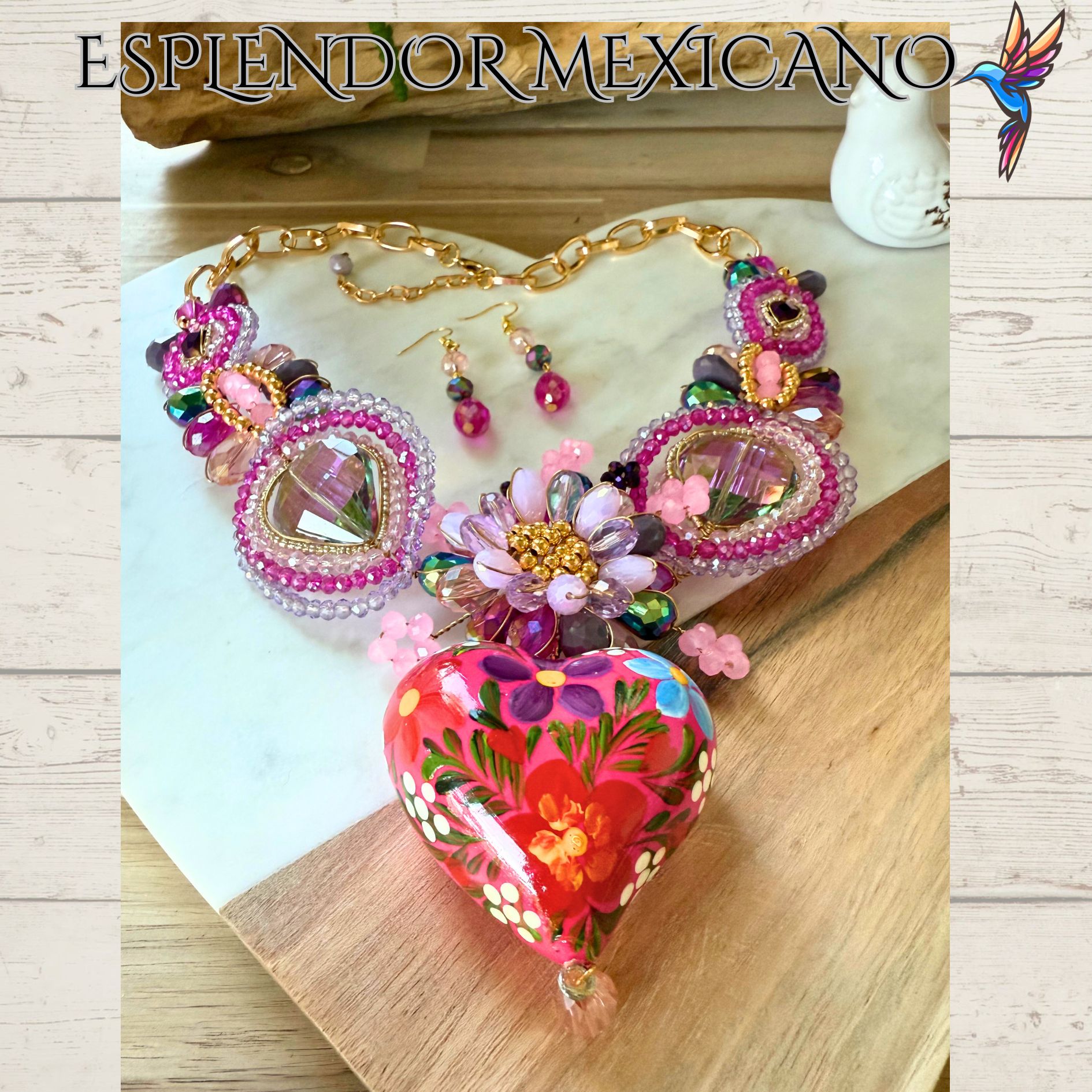 💕💐 Pink Floral Heart Necklace Set – Handmade in Mexico