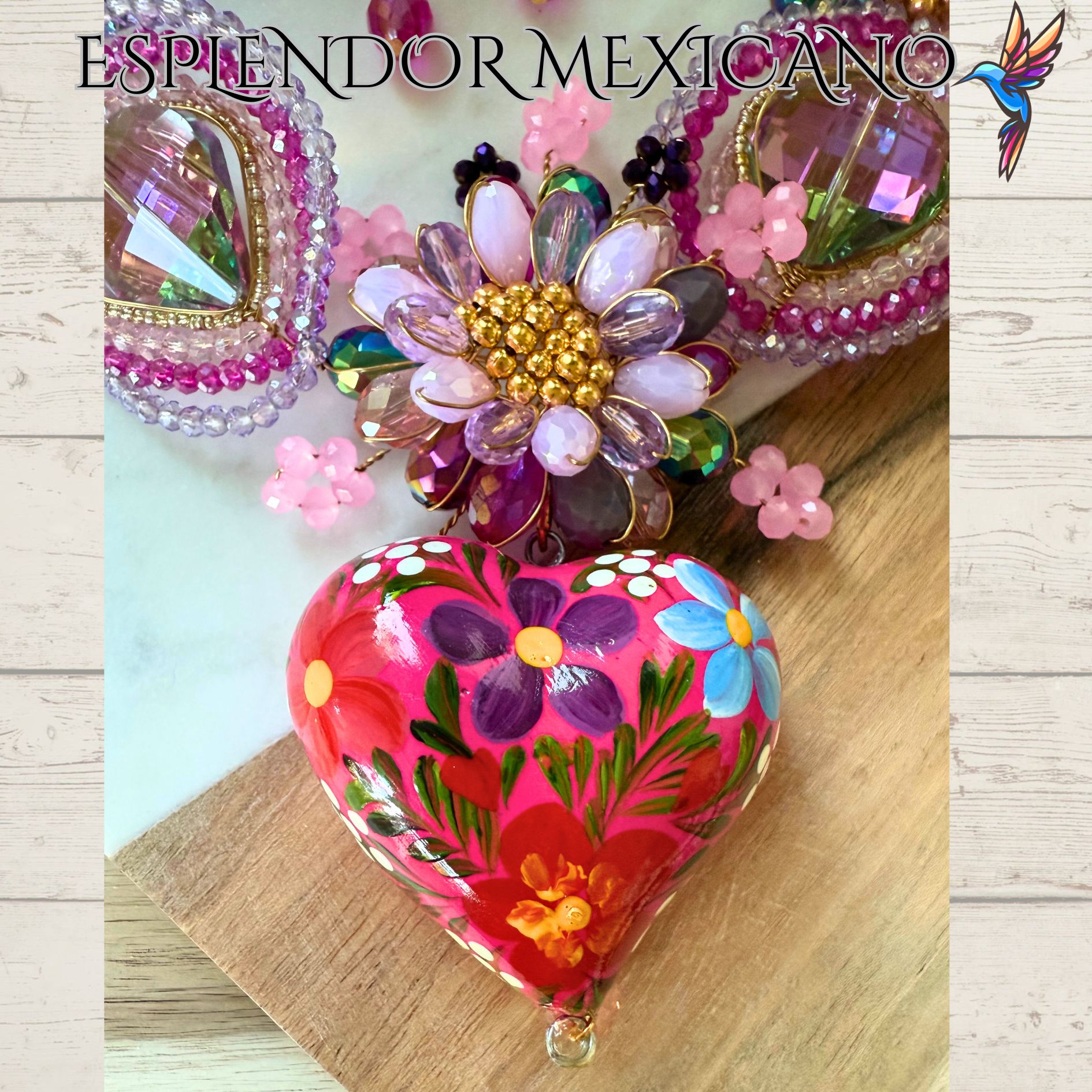 💕💐 Pink Floral Heart Necklace Set – Handmade in Mexico
