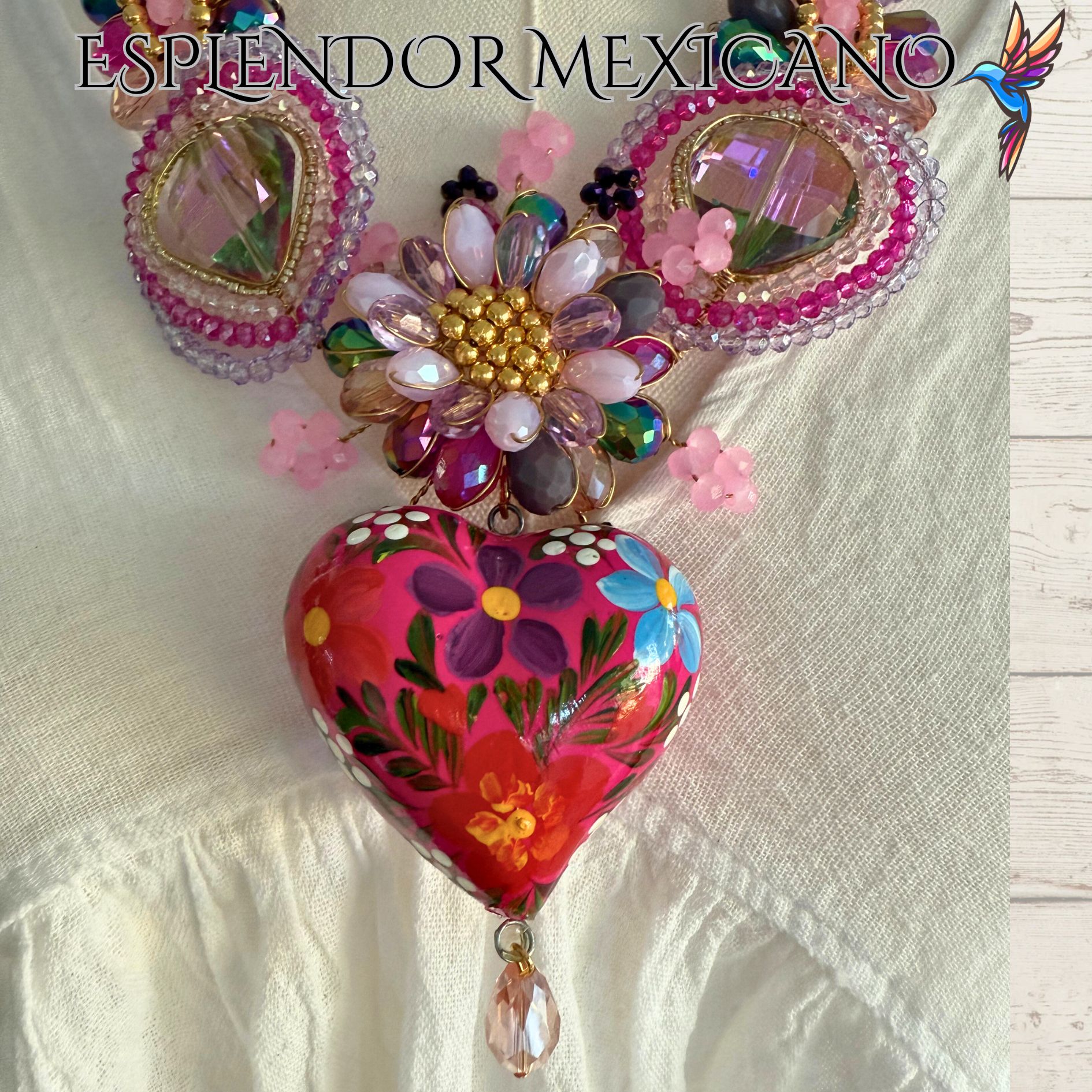 💕💐 Pink Floral Heart Necklace Set – Handmade in Mexico