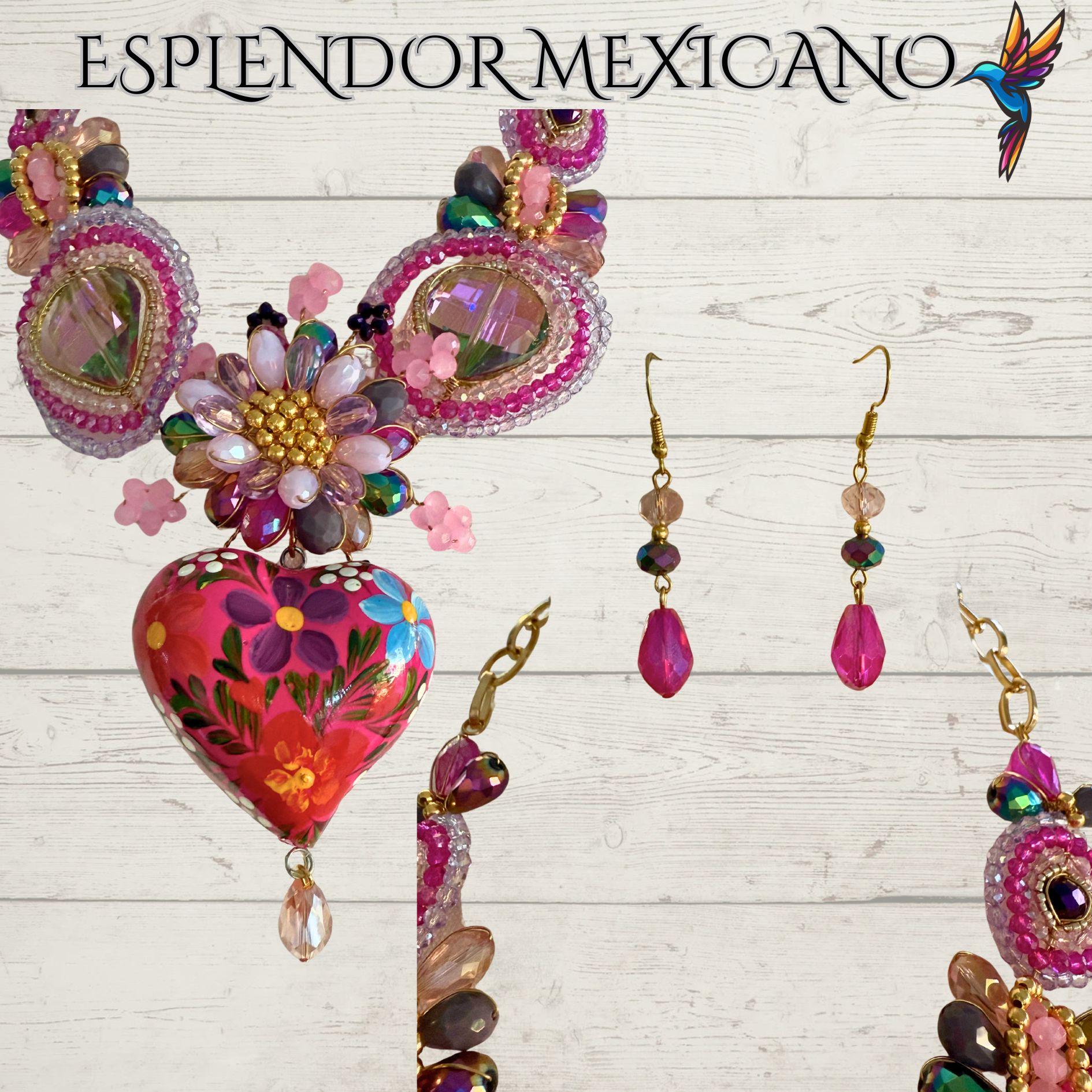 💕💐 Pink Floral Heart Necklace Set – Handmade in Mexico