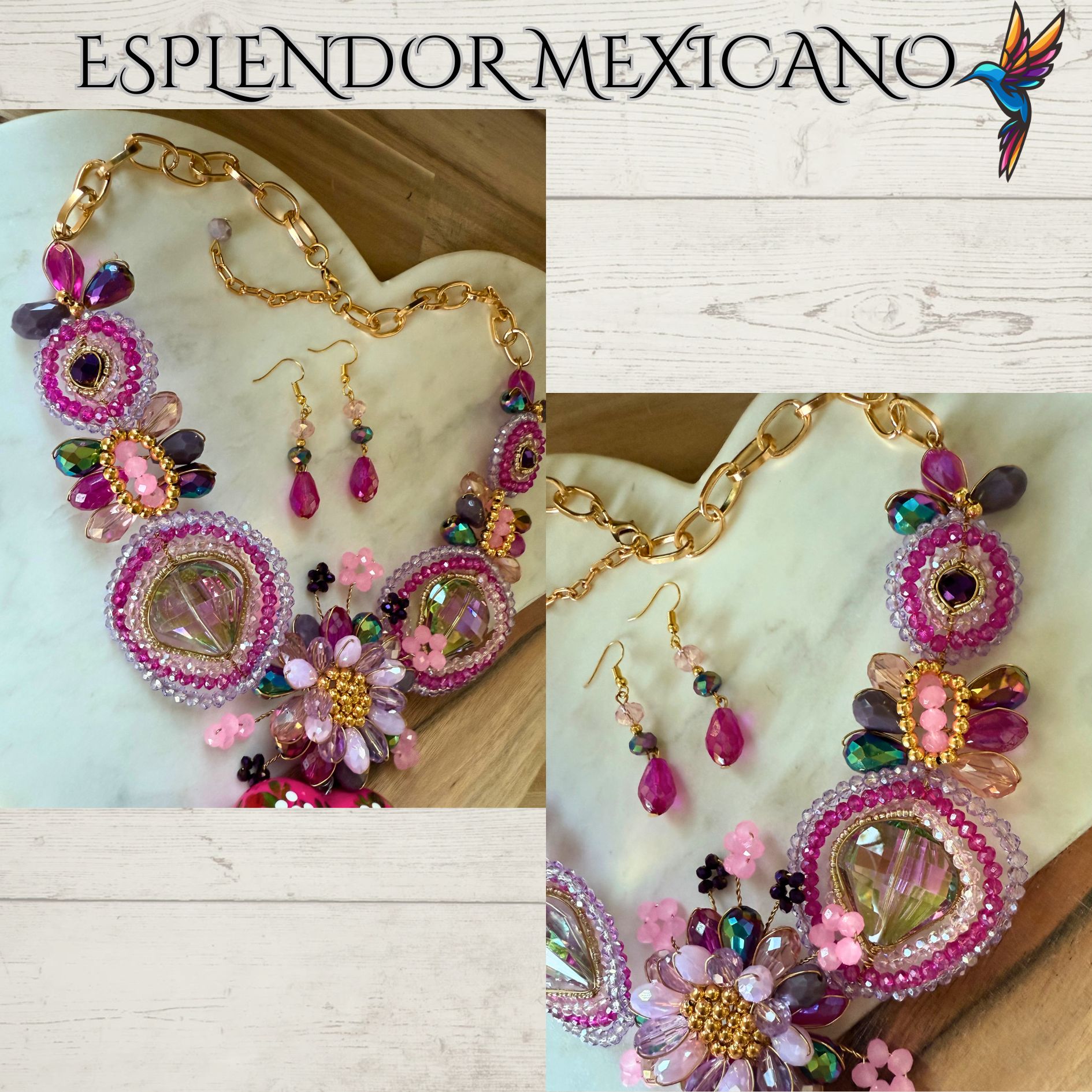 💕💐 Pink Floral Heart Necklace Set – Handmade in Mexico