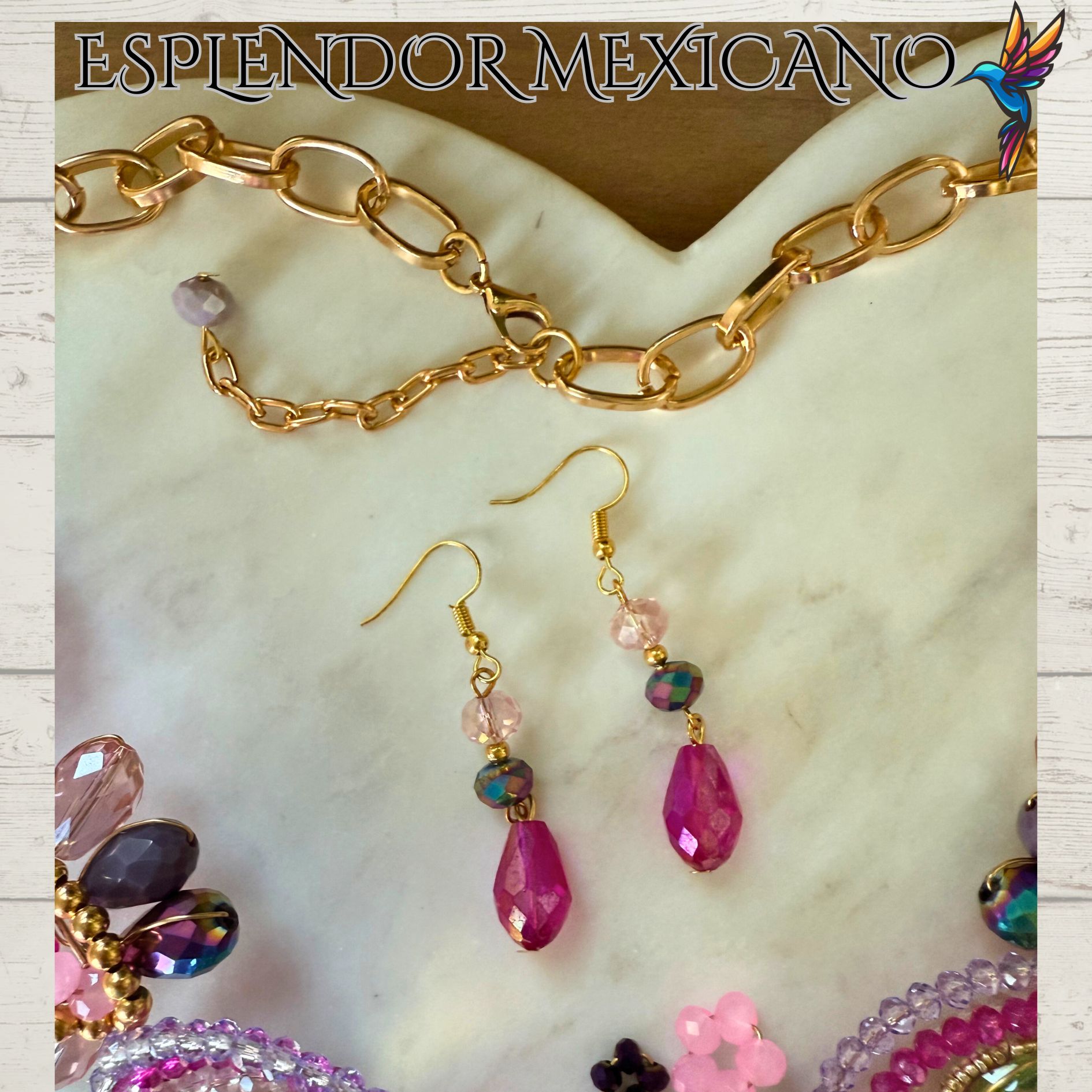 💕💐 Pink Floral Heart Necklace Set – Handmade in Mexico