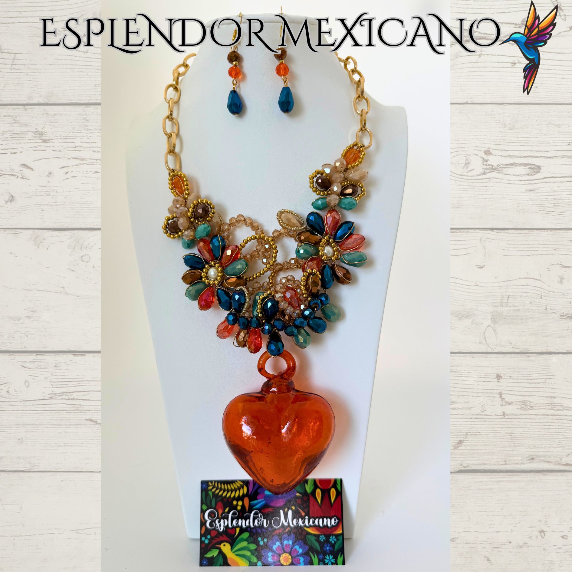 🧡 Hand-Blown Glass Heart Necklace Set – Handmade in Mexico