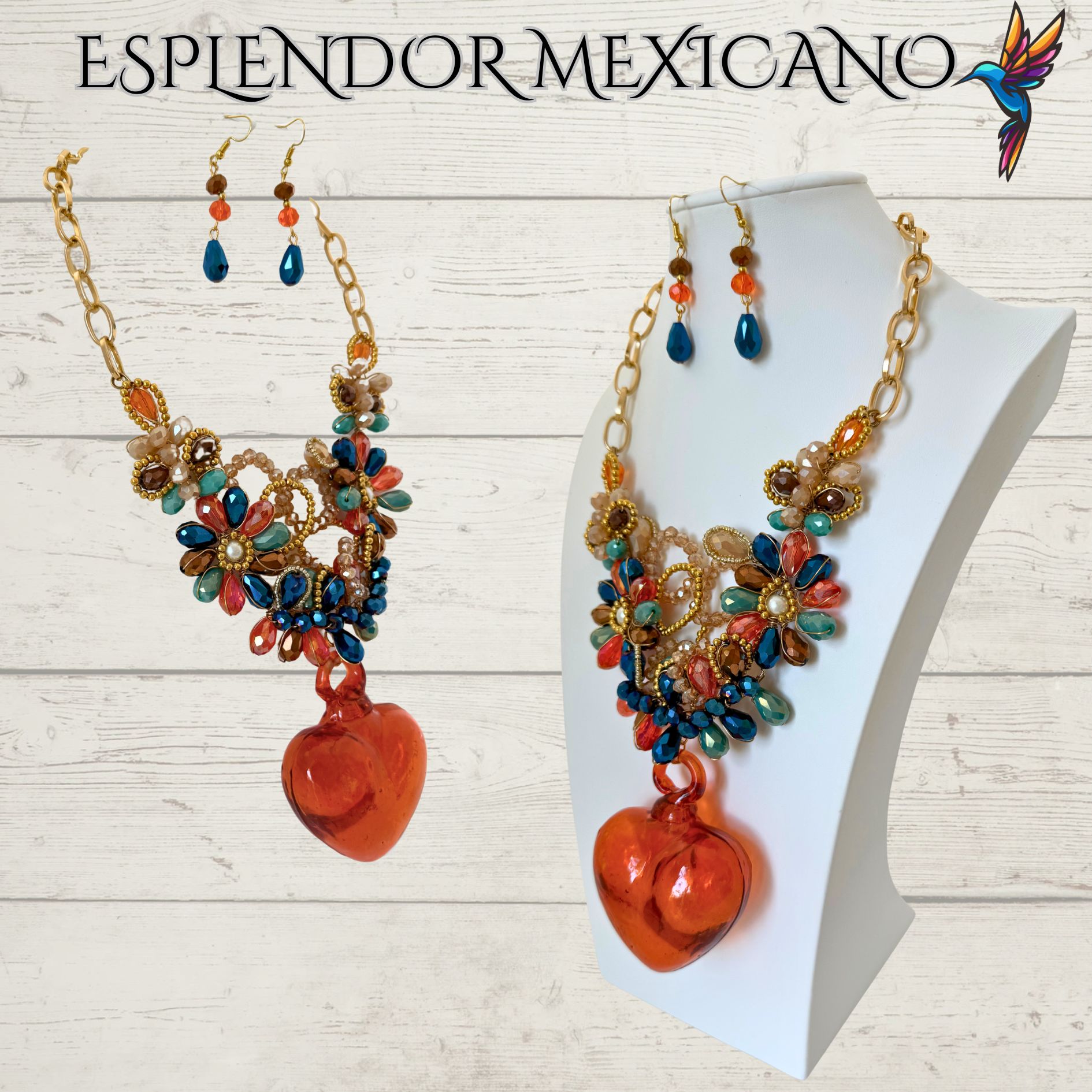 🧡 Hand-Blown Glass Heart Necklace Set – Handmade in Mexico
