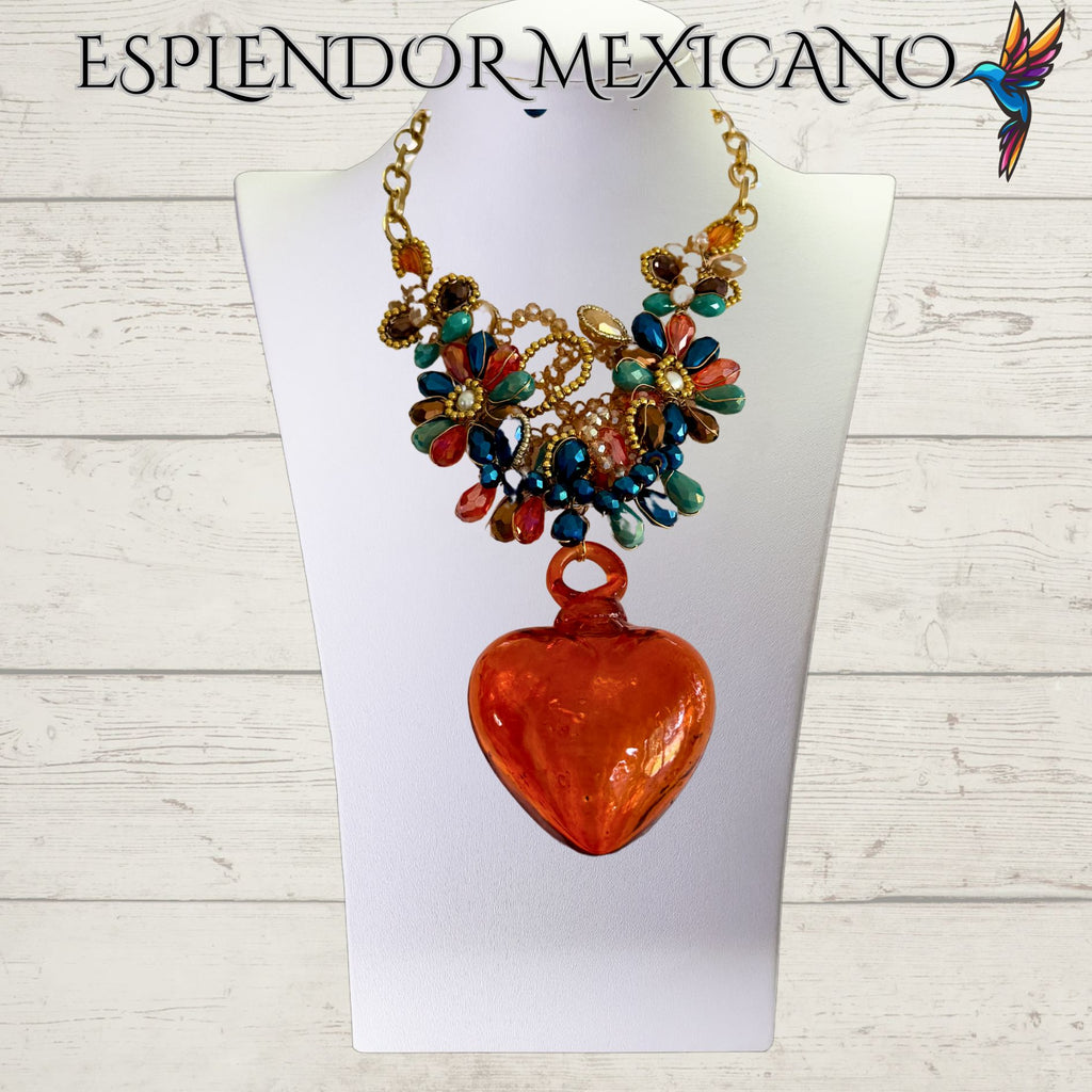 🧡 Hand-Blown Glass Heart Necklace Set – Handmade in Mexico