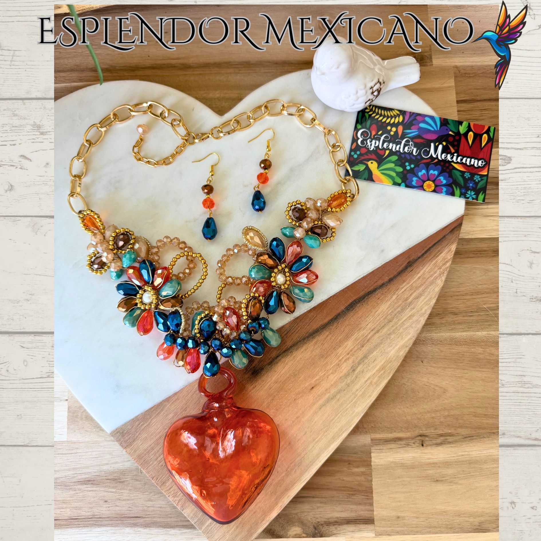 🧡 Hand-Blown Glass Heart Necklace Set – Handmade in Mexico