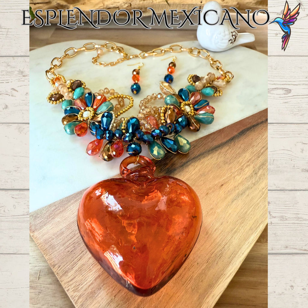 🧡 Hand-Blown Glass Heart Necklace Set – Handmade in Mexico