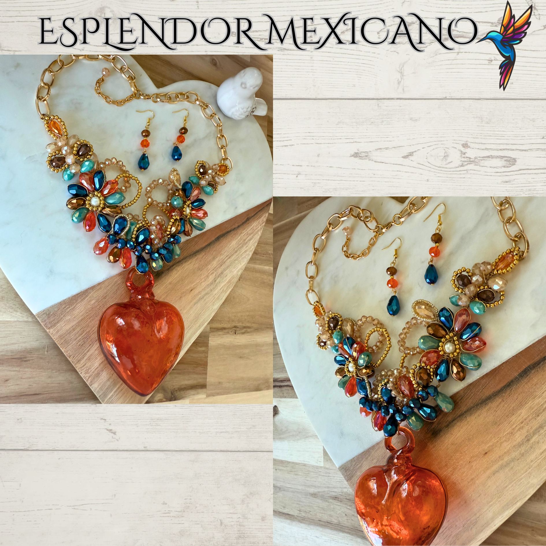 🧡 Hand-Blown Glass Heart Necklace Set – Handmade in Mexico
