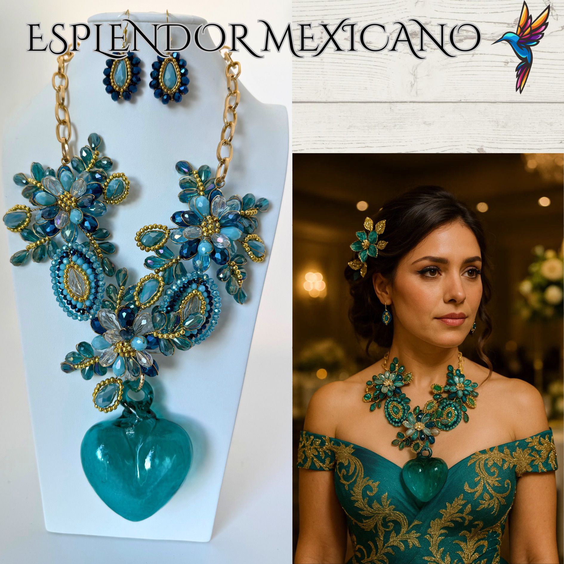 💙 Hand-Blown Glass Heart Necklace Set – Teal & Blue Elegance