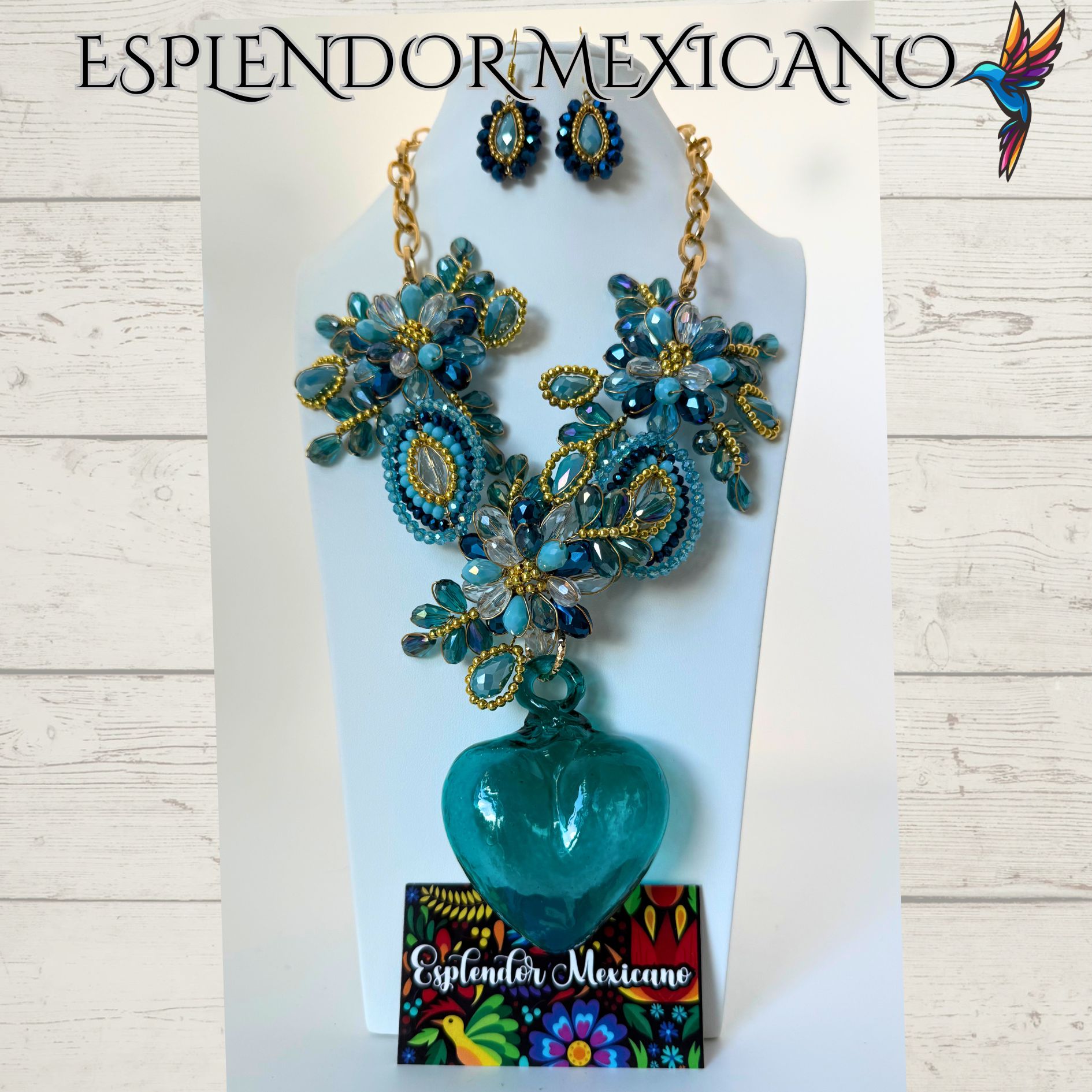 💙 Hand-Blown Glass Heart Necklace Set – Teal & Blue Elegance
