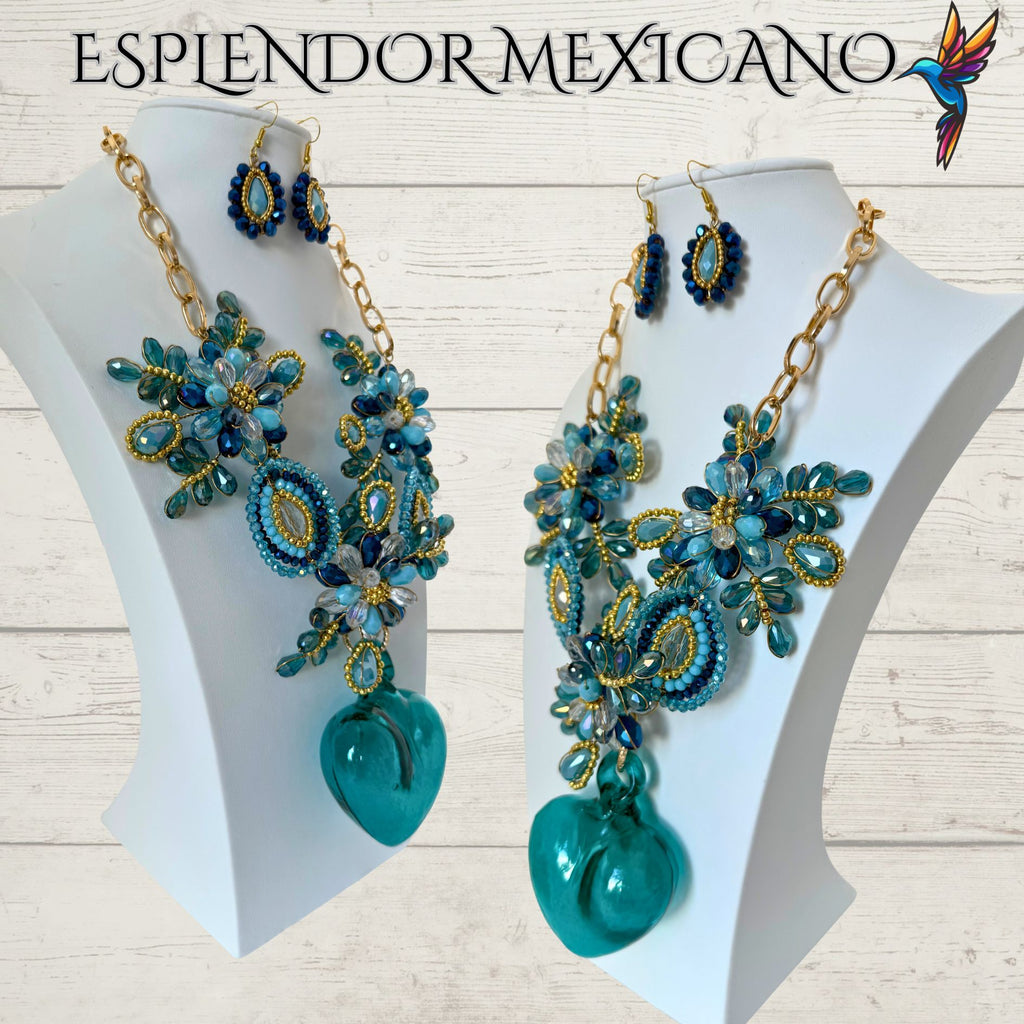 💙 Hand-Blown Glass Heart Necklace Set – Teal & Blue Elegance