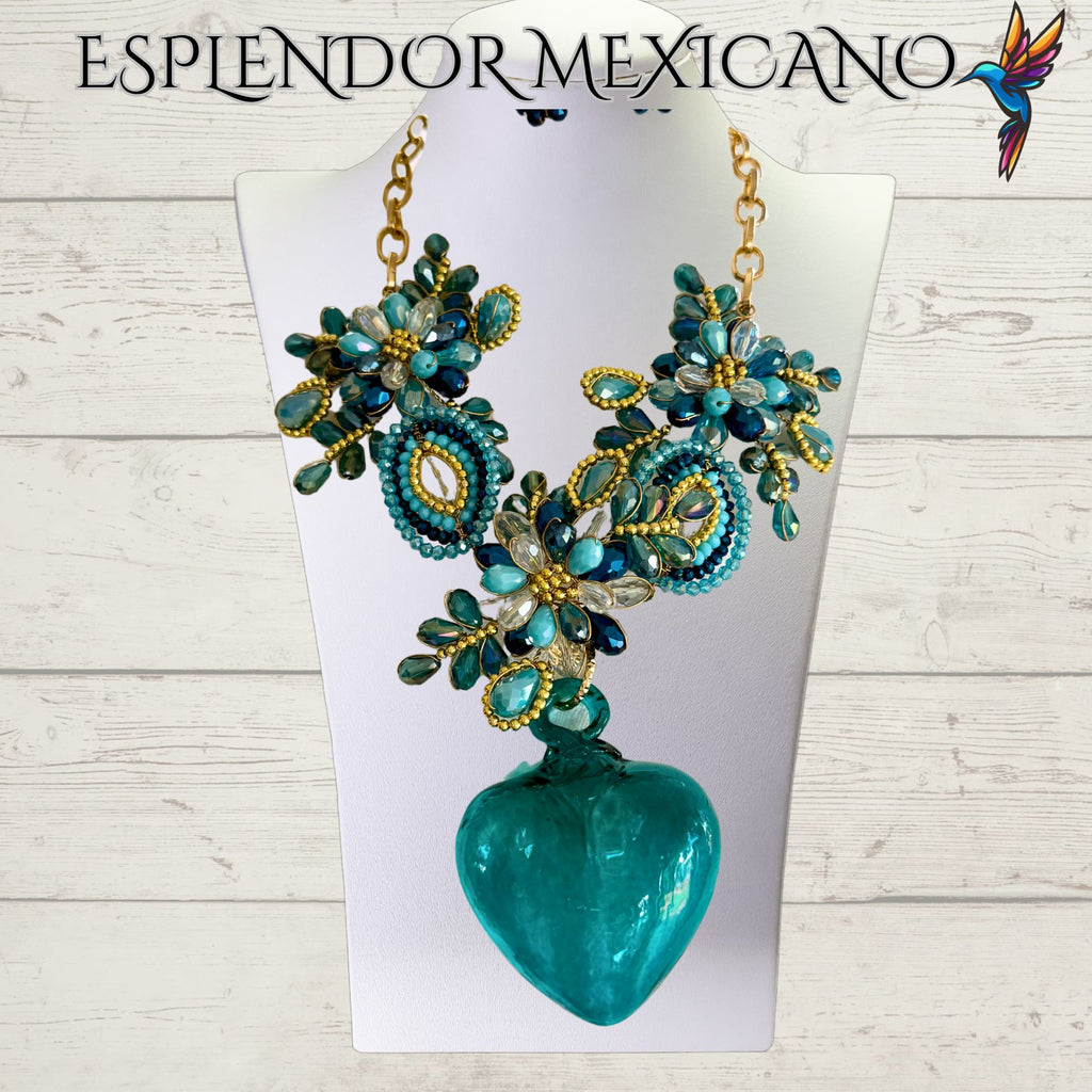 💙 Hand-Blown Glass Heart Necklace Set – Teal & Blue Elegance