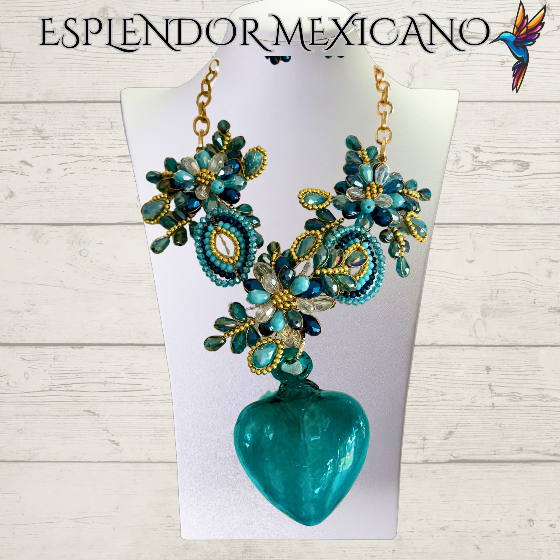 💙 Hand-Blown Glass Heart Necklace Set – Teal & Blue Elegance