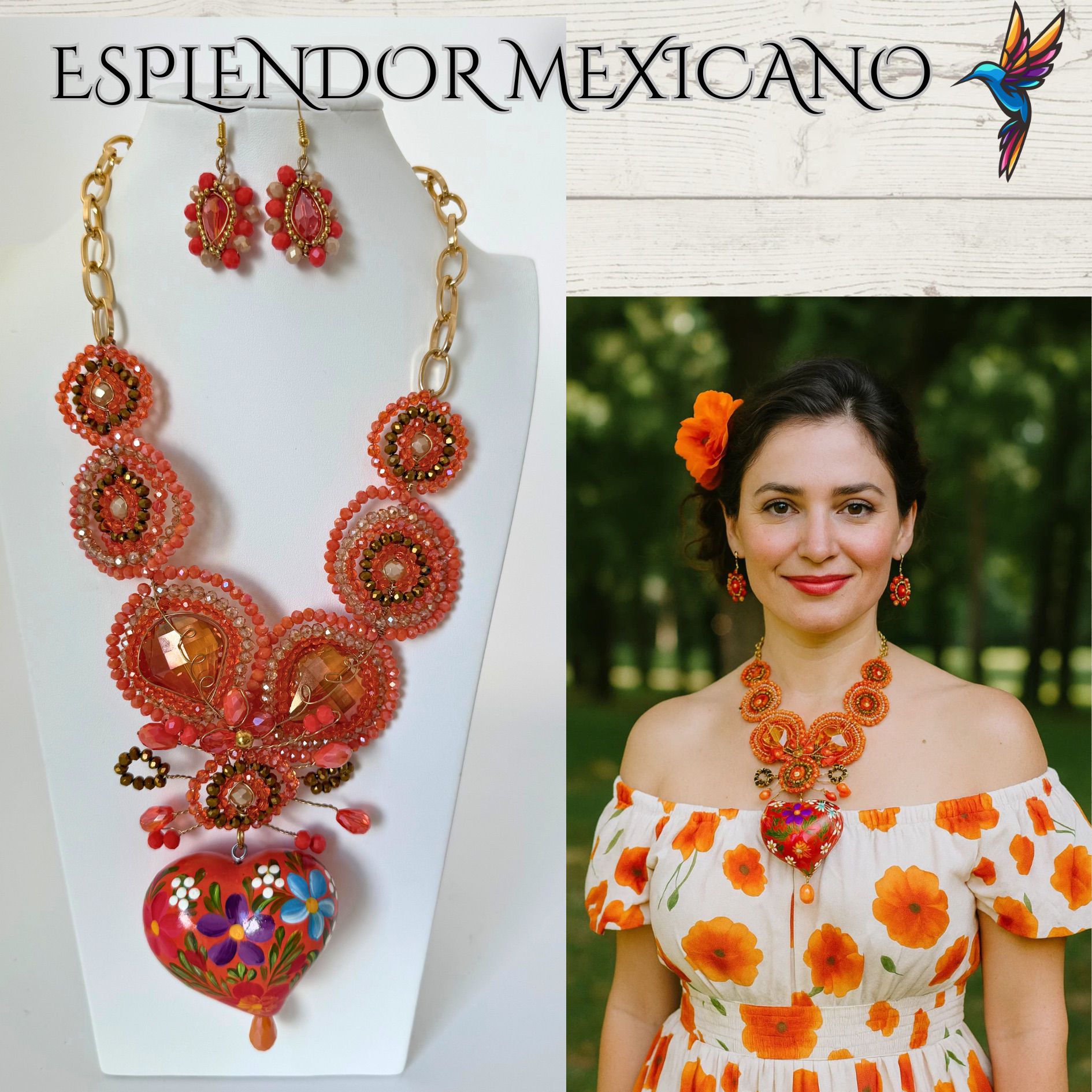 🧡 Hand-Painted Floral Heart Necklace Set – Orange & Gold