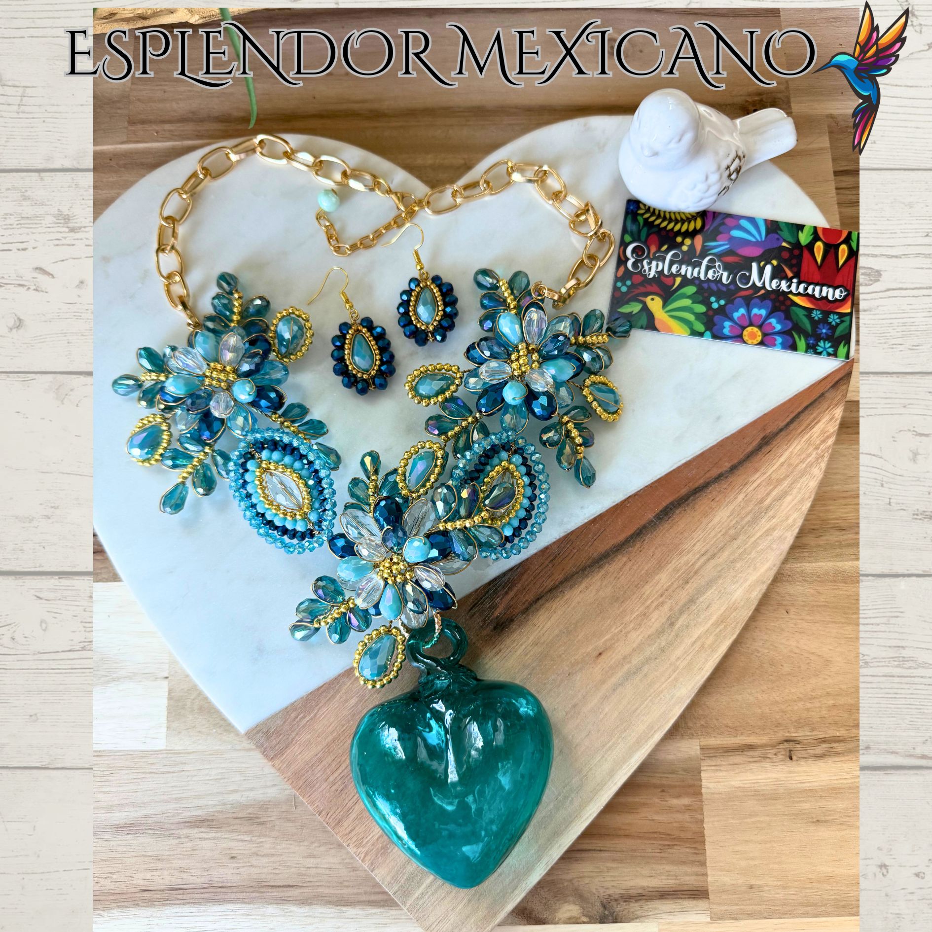 💙 Hand-Blown Glass Heart Necklace Set – Teal & Blue Elegance