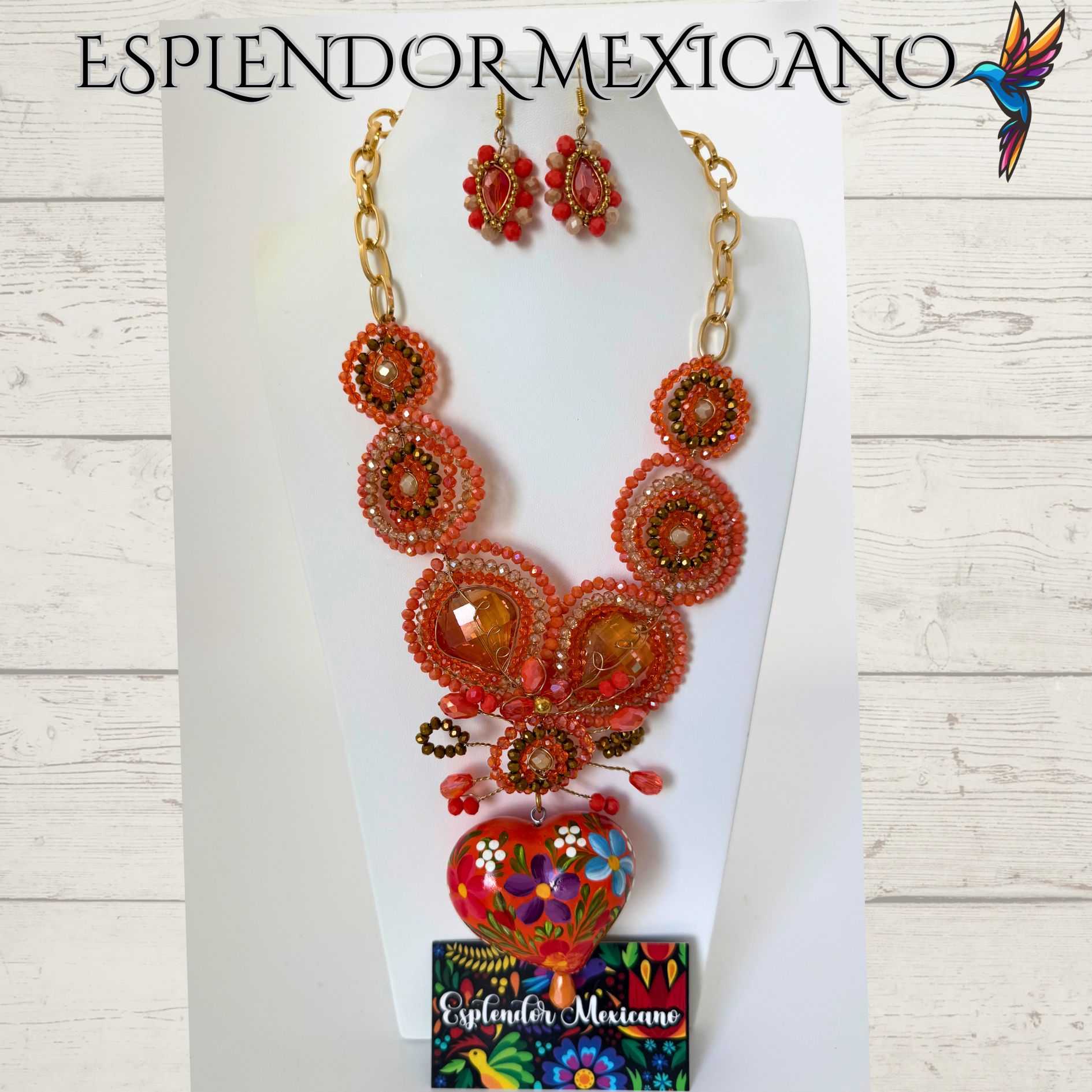 🧡 Hand-Painted Floral Heart Necklace Set – Orange & Gold