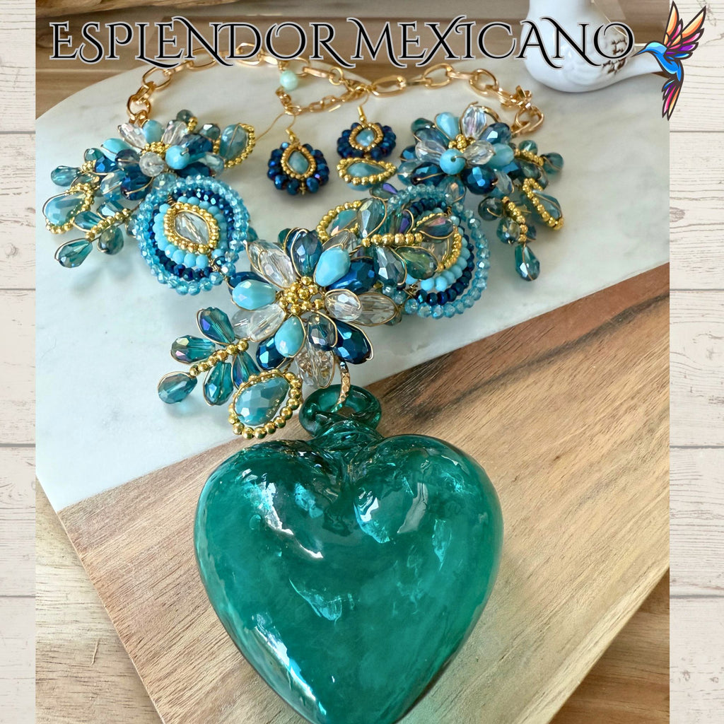 💙 Hand-Blown Glass Heart Necklace Set – Teal & Blue Elegance