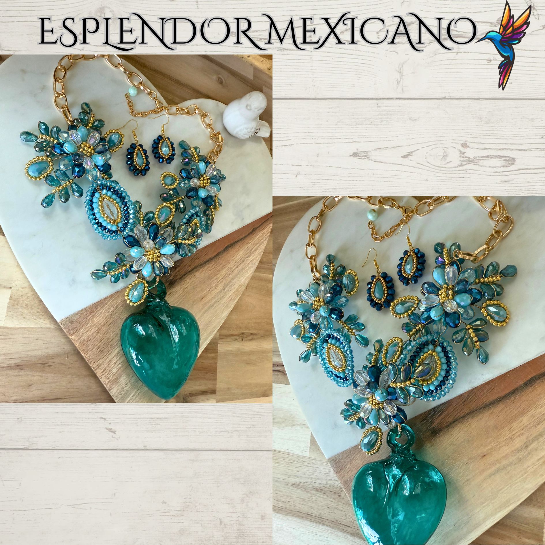💙 Hand-Blown Glass Heart Necklace Set – Teal & Blue Elegance