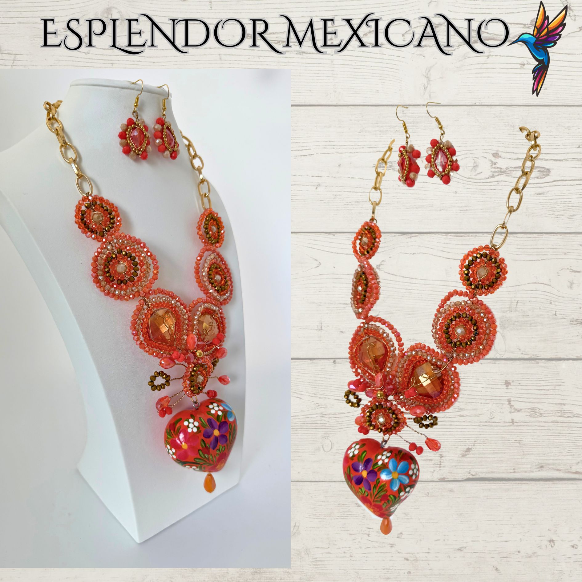 🧡 Hand-Painted Floral Heart Necklace Set – Orange & Gold