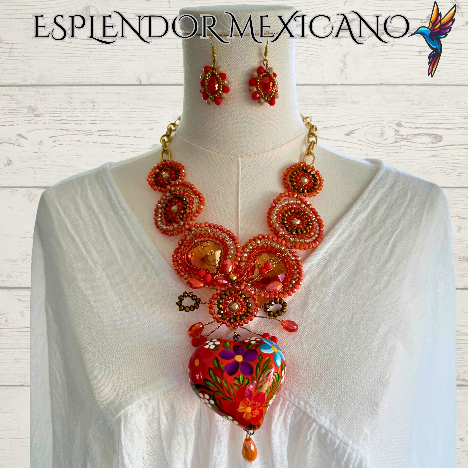 🧡 Hand-Painted Floral Heart Necklace Set – Orange & Gold