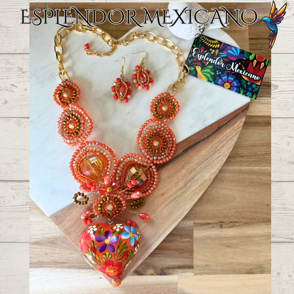 🧡 Hand-Painted Floral Heart Necklace Set – Orange & Gold