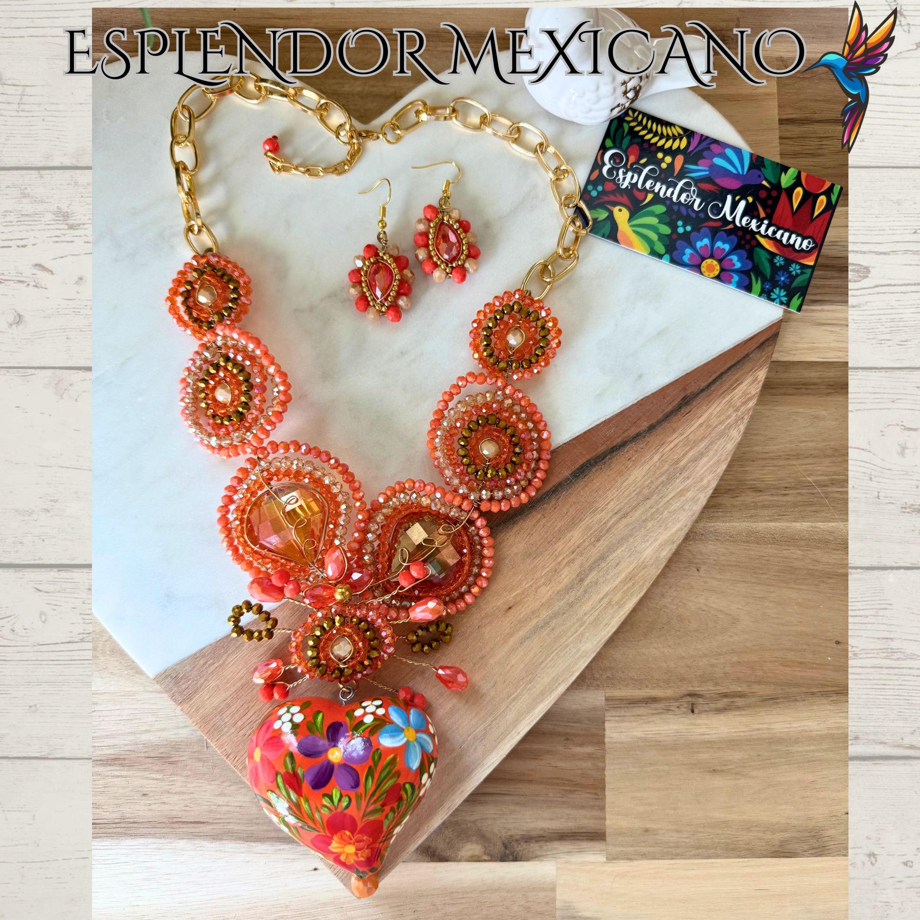 🧡 Hand-Painted Floral Heart Necklace Set – Orange & Gold