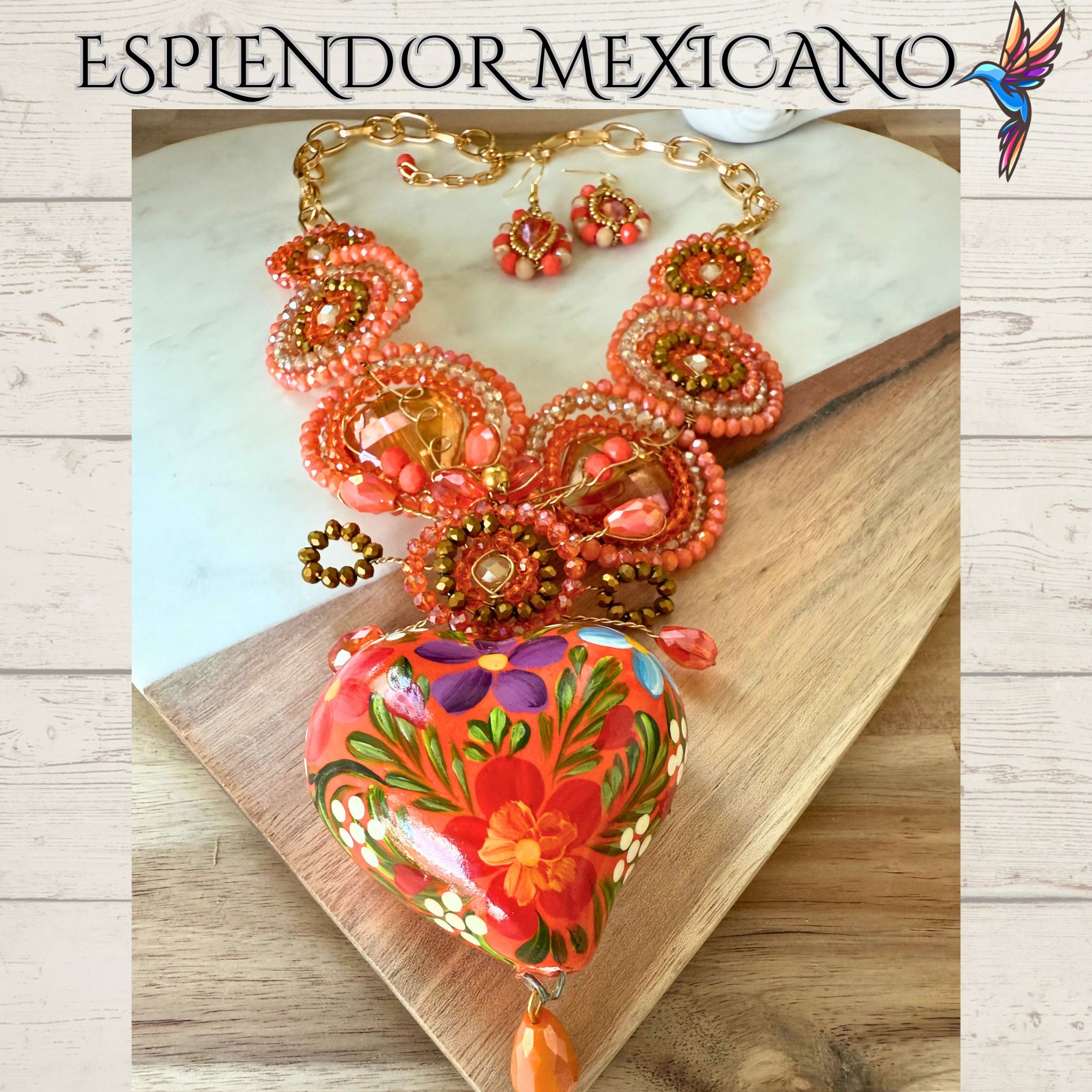 🧡 Hand-Painted Floral Heart Necklace Set – Orange & Gold