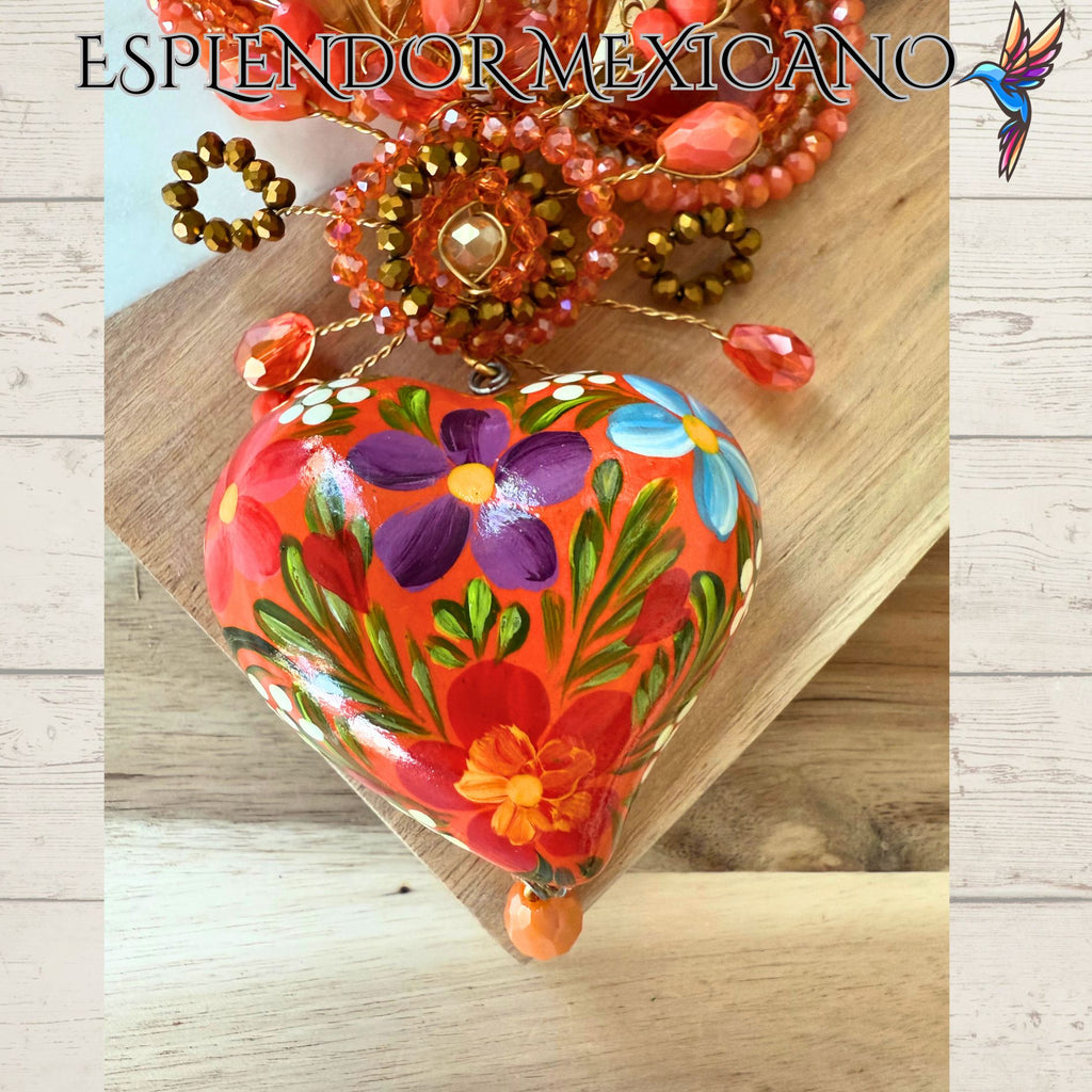 🧡 Hand-Painted Floral Heart Necklace Set – Orange & Gold
