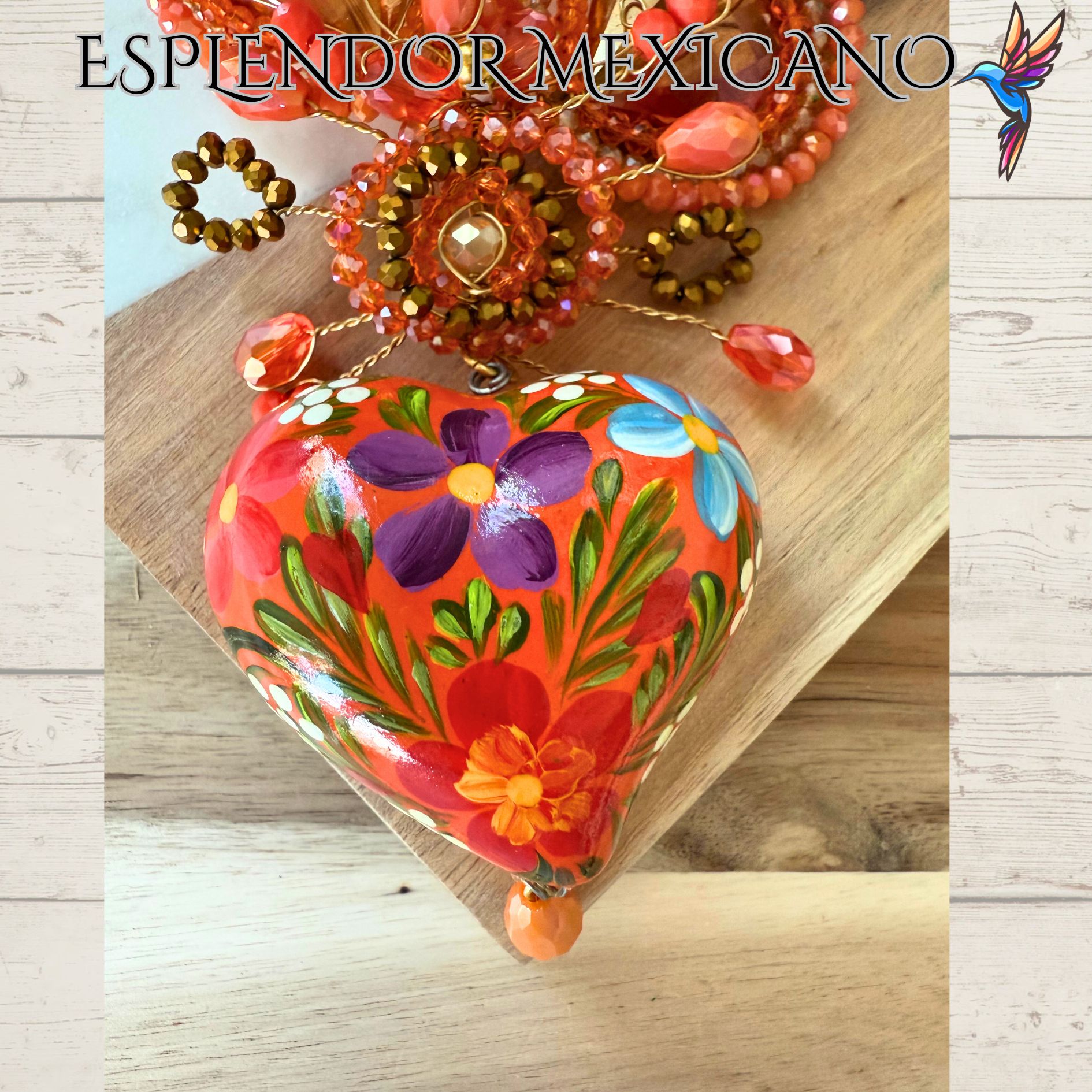 🧡 Hand-Painted Floral Heart Necklace Set – Orange & Gold
