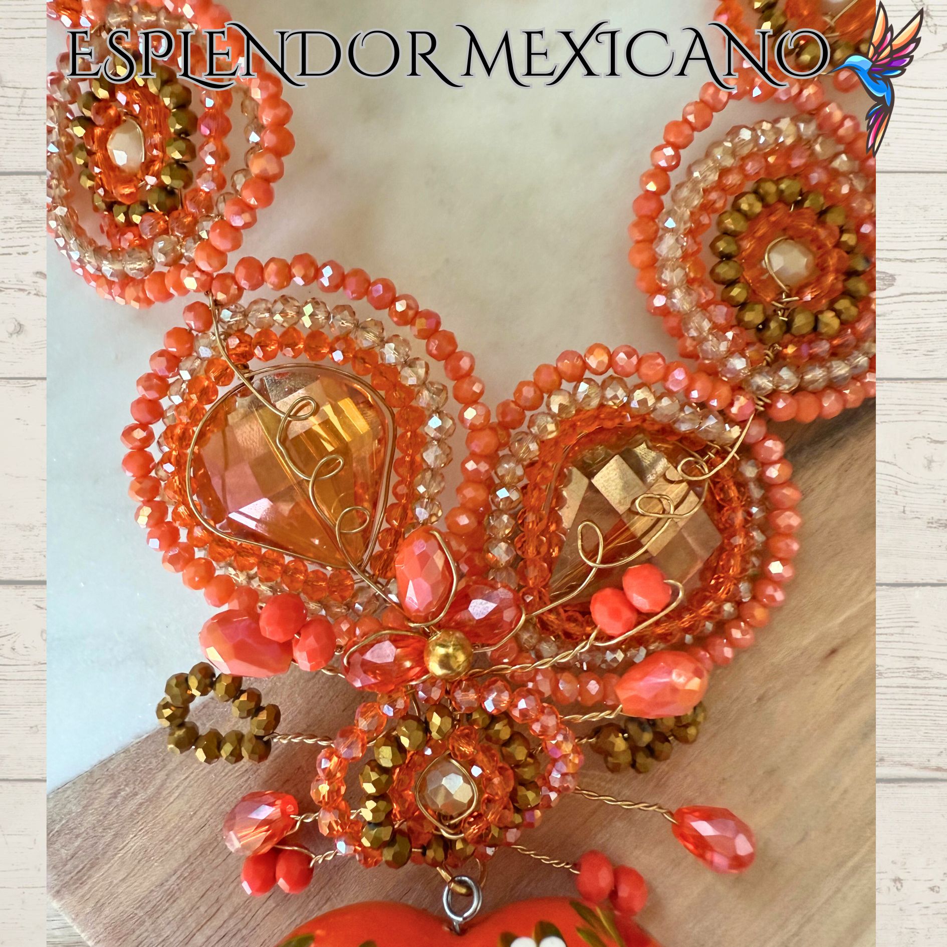 🧡 Hand-Painted Floral Heart Necklace Set – Orange & Gold