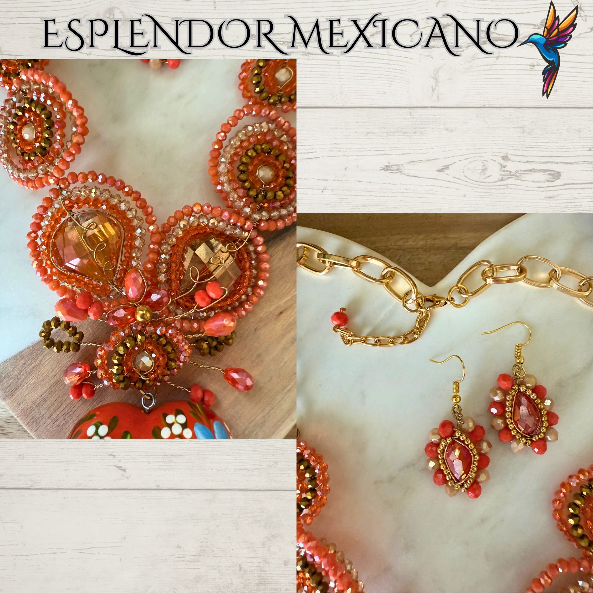 🧡 Hand-Painted Floral Heart Necklace Set – Orange & Gold