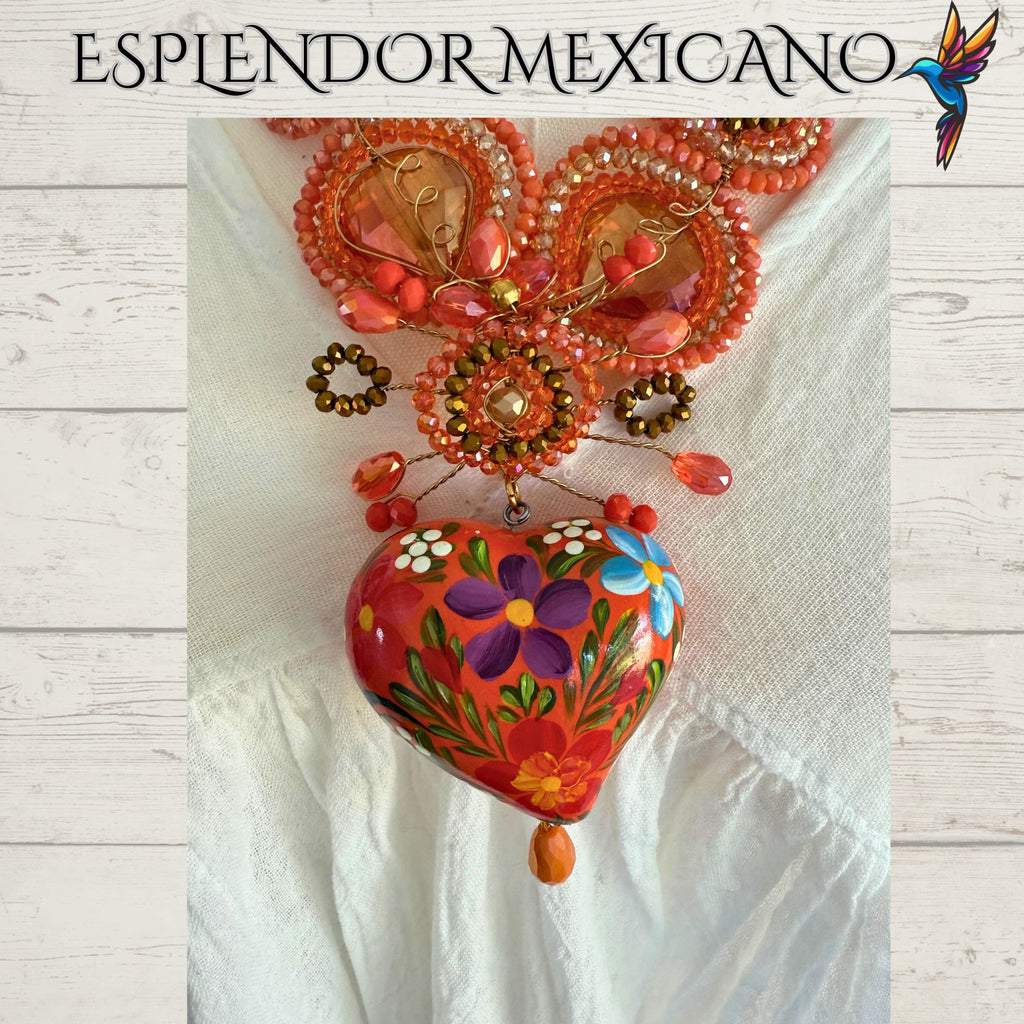 🧡 Hand-Painted Floral Heart Necklace Set – Orange & Gold